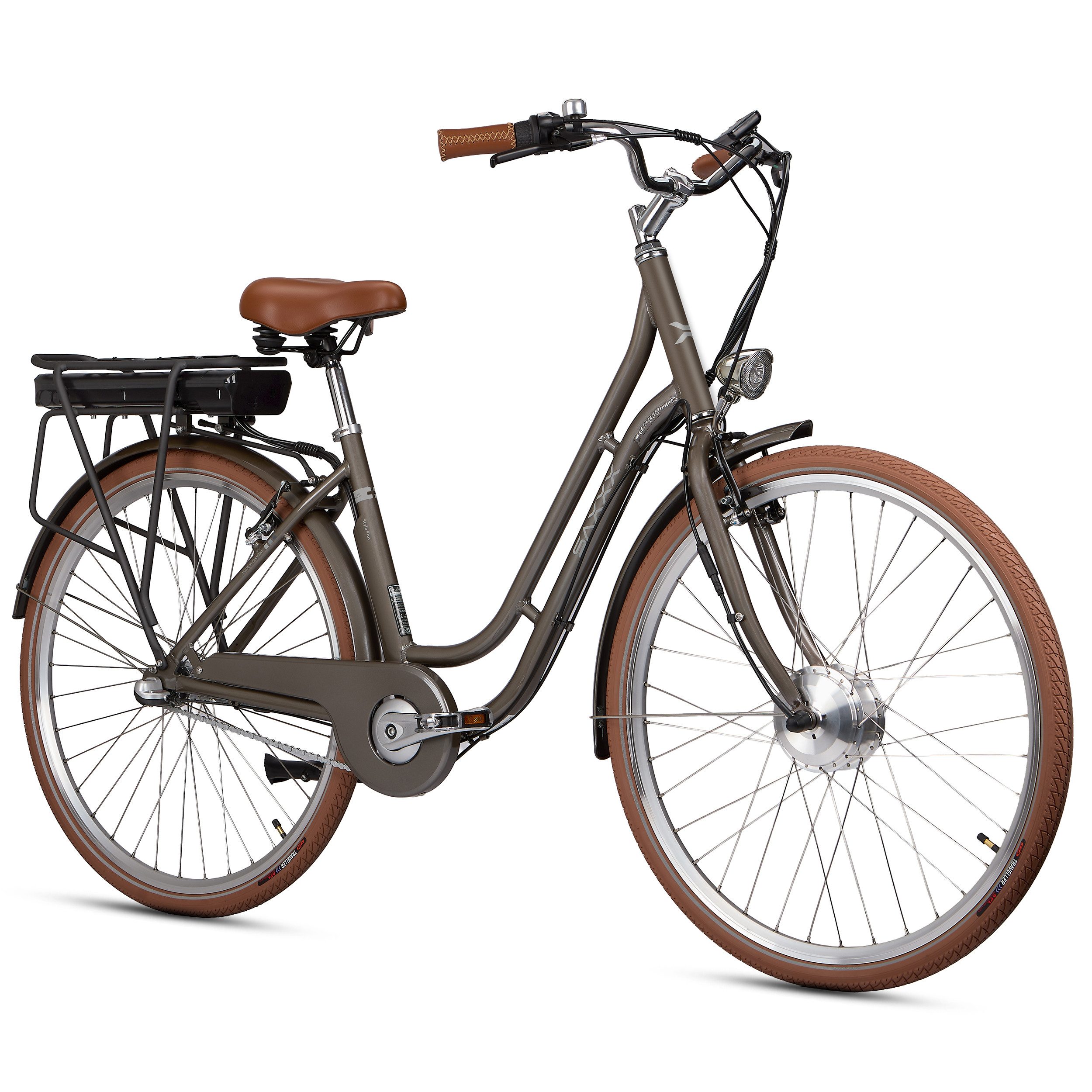 SAXXX E-Bike Cityrad 28'' Elektrofahrrad für Damen Herren, 90km, V-Bremse, 95% vormontiert, 3 Gang Shimano Nexus Schaltwerk, Nabenschaltung, Frontmotor, 374,4 Wh, (max. 130kg, Vorderradmotor, Gepäckträgerakku, mit Gepäckträger), Pedelec, E-Citybike, Tiefeinstieg, RH: 45cm, ideal für Stadtfahrten