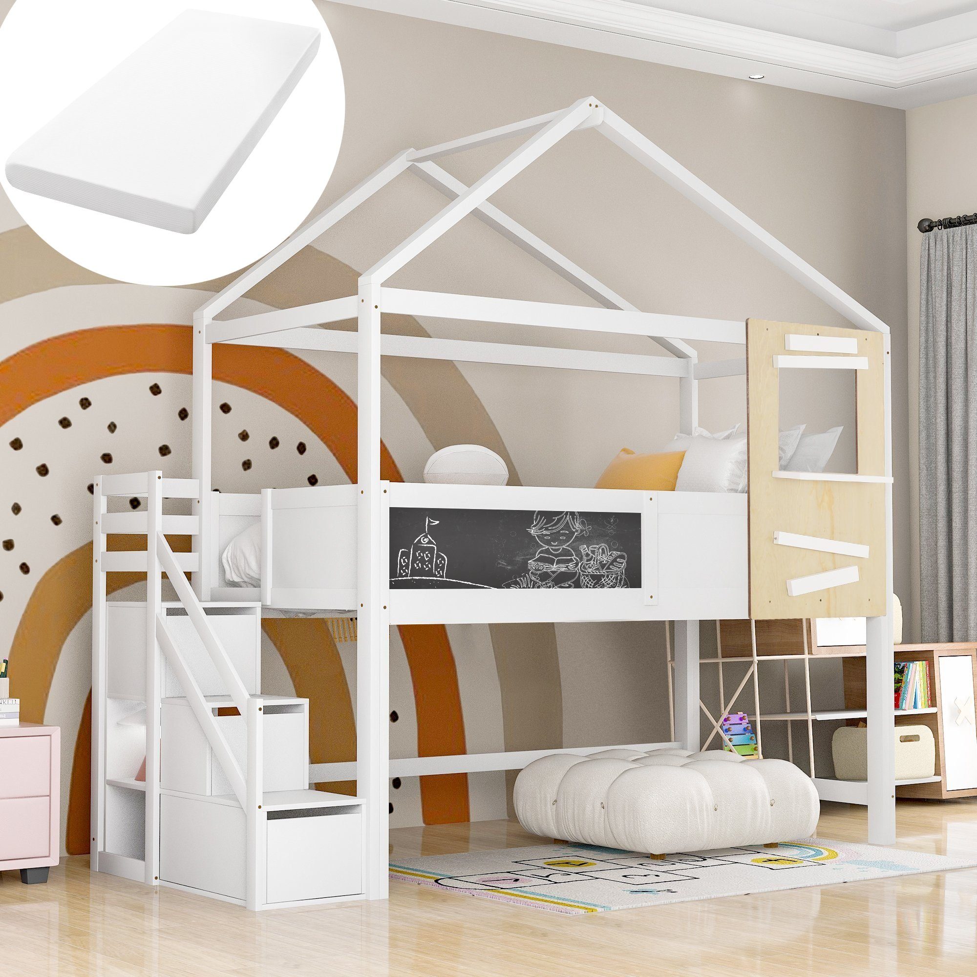 SOFTWEARY Hochbett (Kinderbett mit Komfortschaummatratze, 90x200 cm) 16 cm hoch, 7 Zonen, Härtegrad 3
