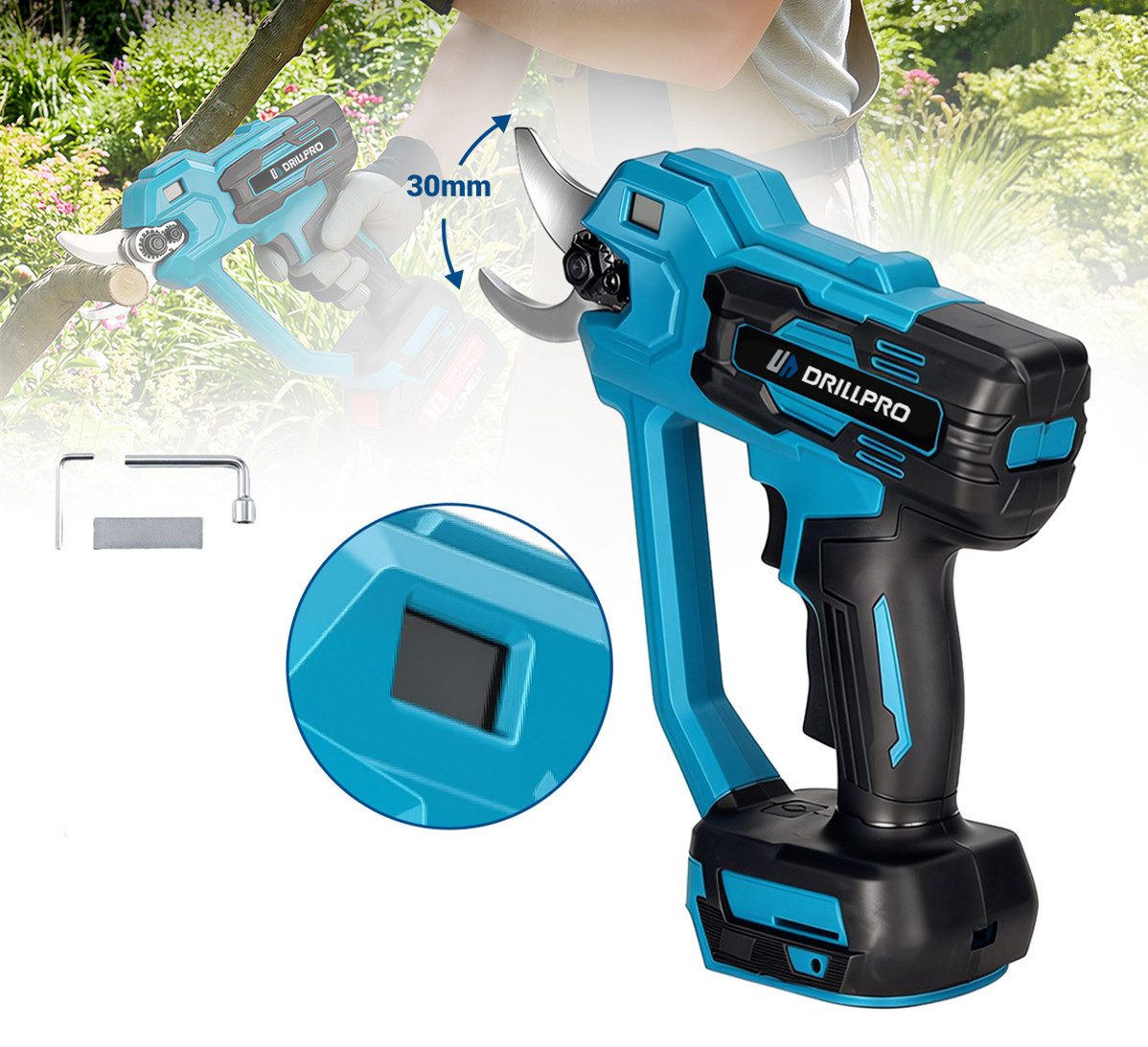 Insma Akku-Astschere 400W Elektrische Gartenschere 2 einstellbare Leistungsstufen, Baumschere Rosenschere mit 2 Akku 3.0AH und Koffer