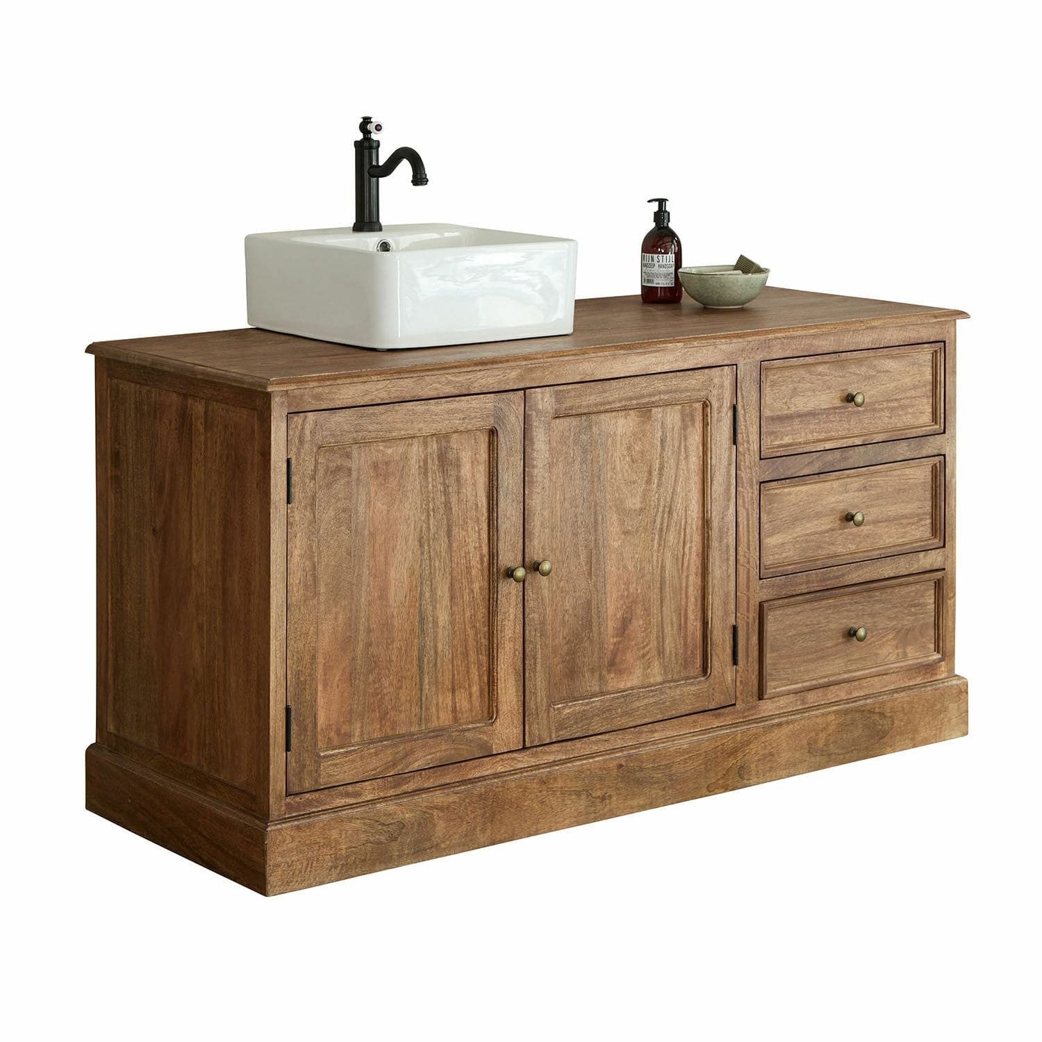 Mirabeau Waschtisch stilvoller Waschtisch Dorchester aus Mangoholz mit Waschbecken (massiv gefertigt, Keramikbecken & 3 geräumige Schubladen), Keramikwaschbecken, mit Unterschrank, B 145cm, H 90,5cm, T 55cm