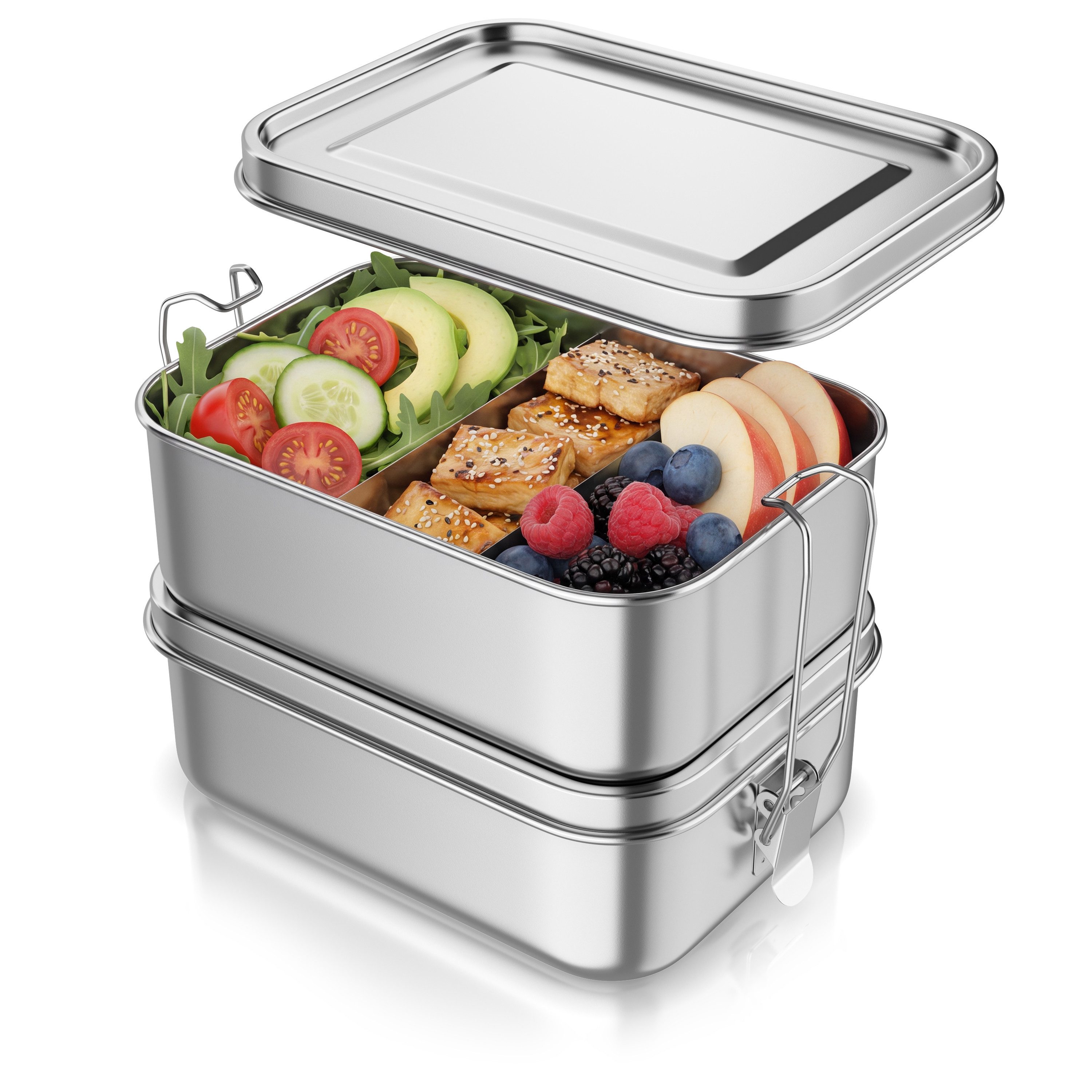 Arendo Lunchbox Meal Prep Box Edelstahl 1700 ml, 2 Ebenen, 4 Trenneinsätze, Brotdose, Edelstahl, (1-tlg., 2 Trennstege, 2 Silikondichtungen), 2x 850 ml, Silikon-Dichtung, spülmaschinenfest, lebensmittelecht