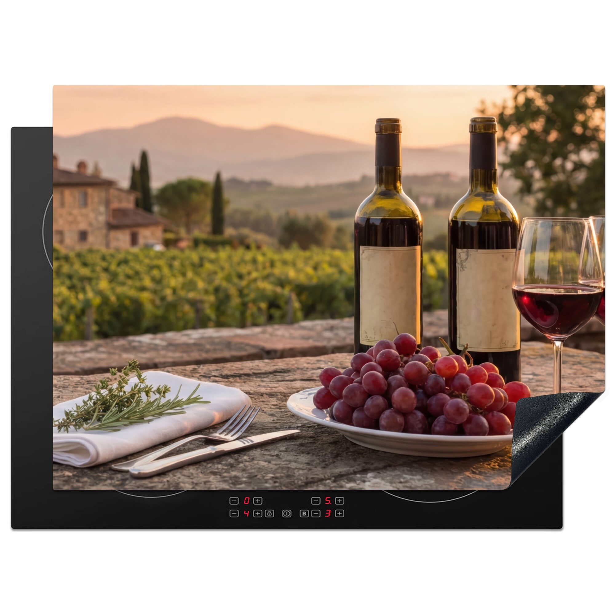 MuchoWow Herd-Abdeckplatte Wein - Gläser - Trauben - Weinberg, Vinyl, (1 tlg), Küche Herdabdeckung Ceranfeld Induktionsfeld Vinyl, 65x50 cm