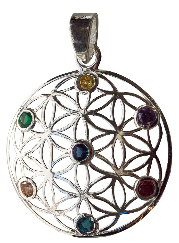 Kettenanhänger Anhänger "Blume des Lebens mit 7 Zirkonia" Silber 925 3cm, 5,1g.