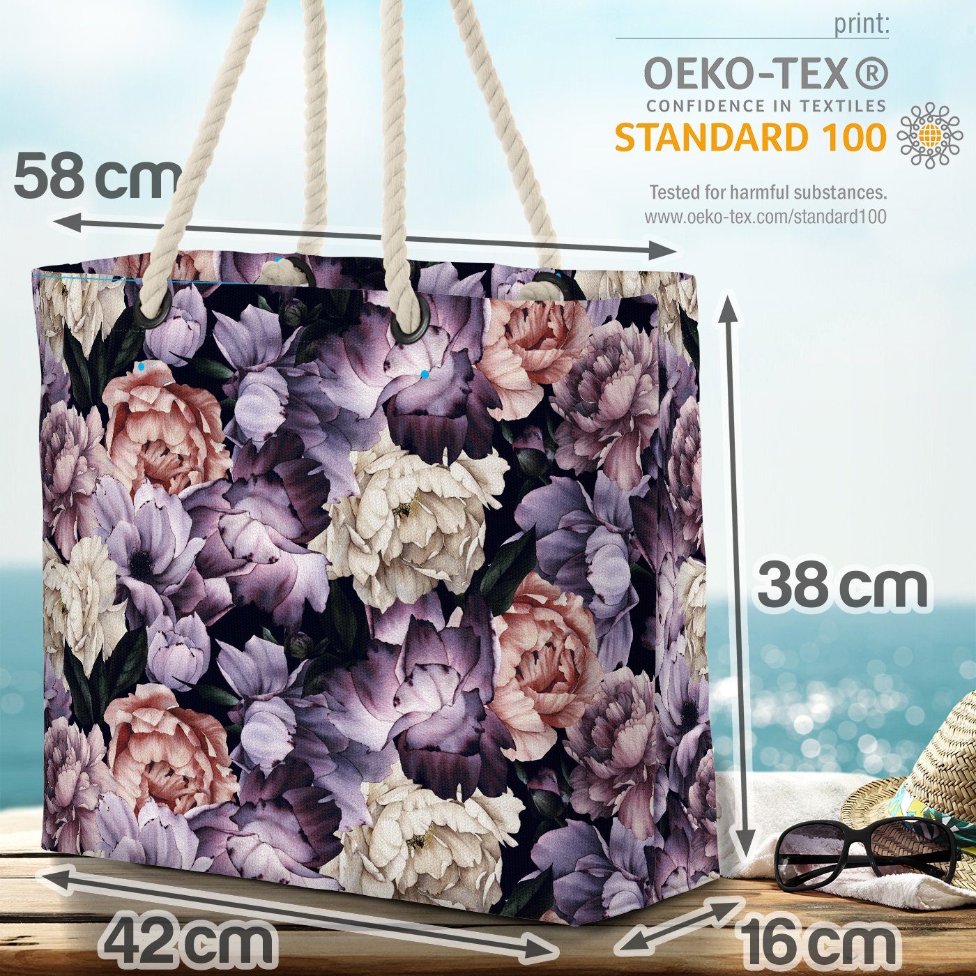 romantisch Blumen Pfingstrosen Lila Strandtasche Floral Beach Wiese Blätter Bag (1-tlg), VOID Blüten