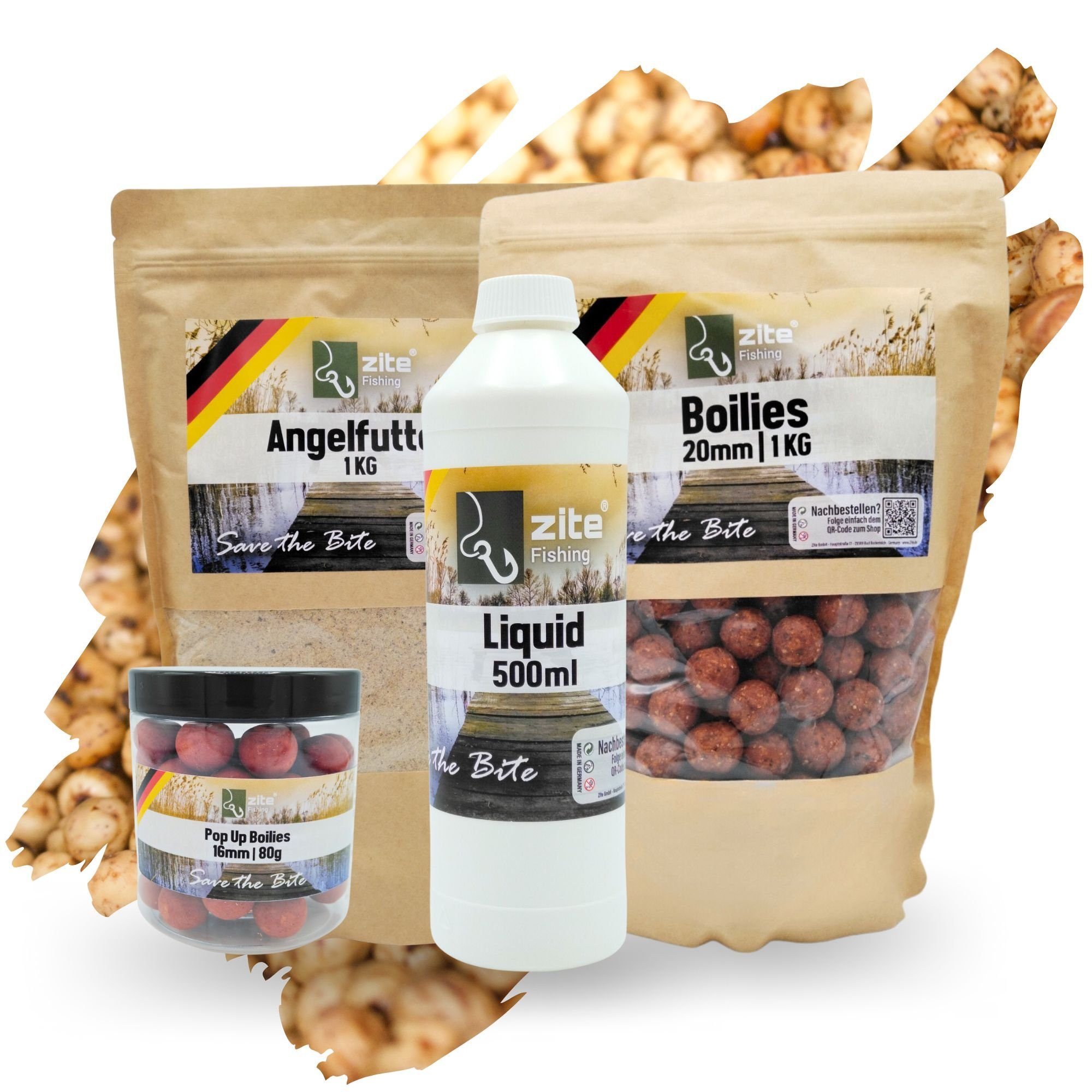 und 16+20mm Boilies, Set 500ml Zite 1kg Fischlockstoff Liquid Tigernuss Angelfutter Grundfutter