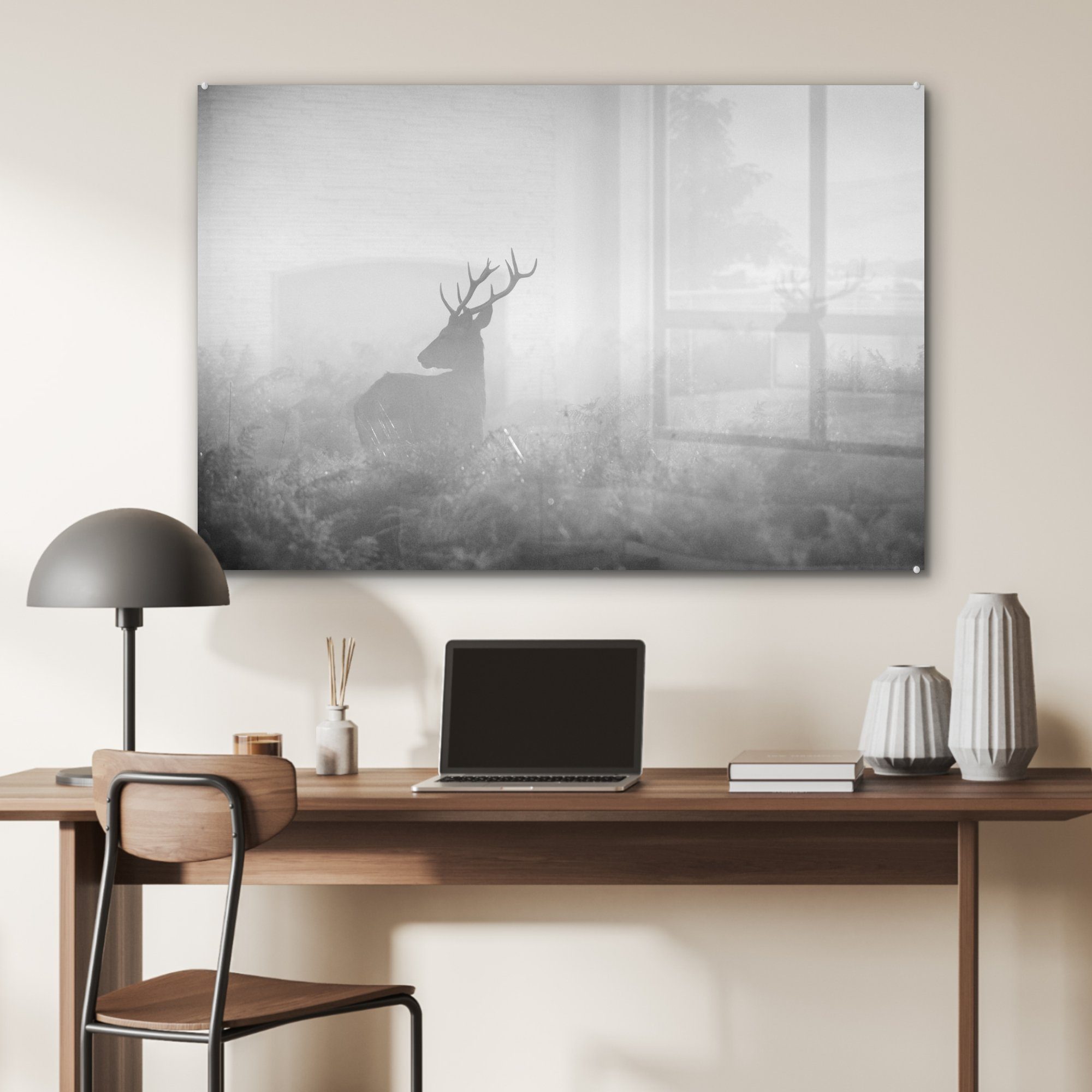 MuchoWow Acrylglasbild Hirsch im Nebel - Wohnzimmer Schlafzimmer weiß, & schwarz und (1 Acrylglasbilder St)