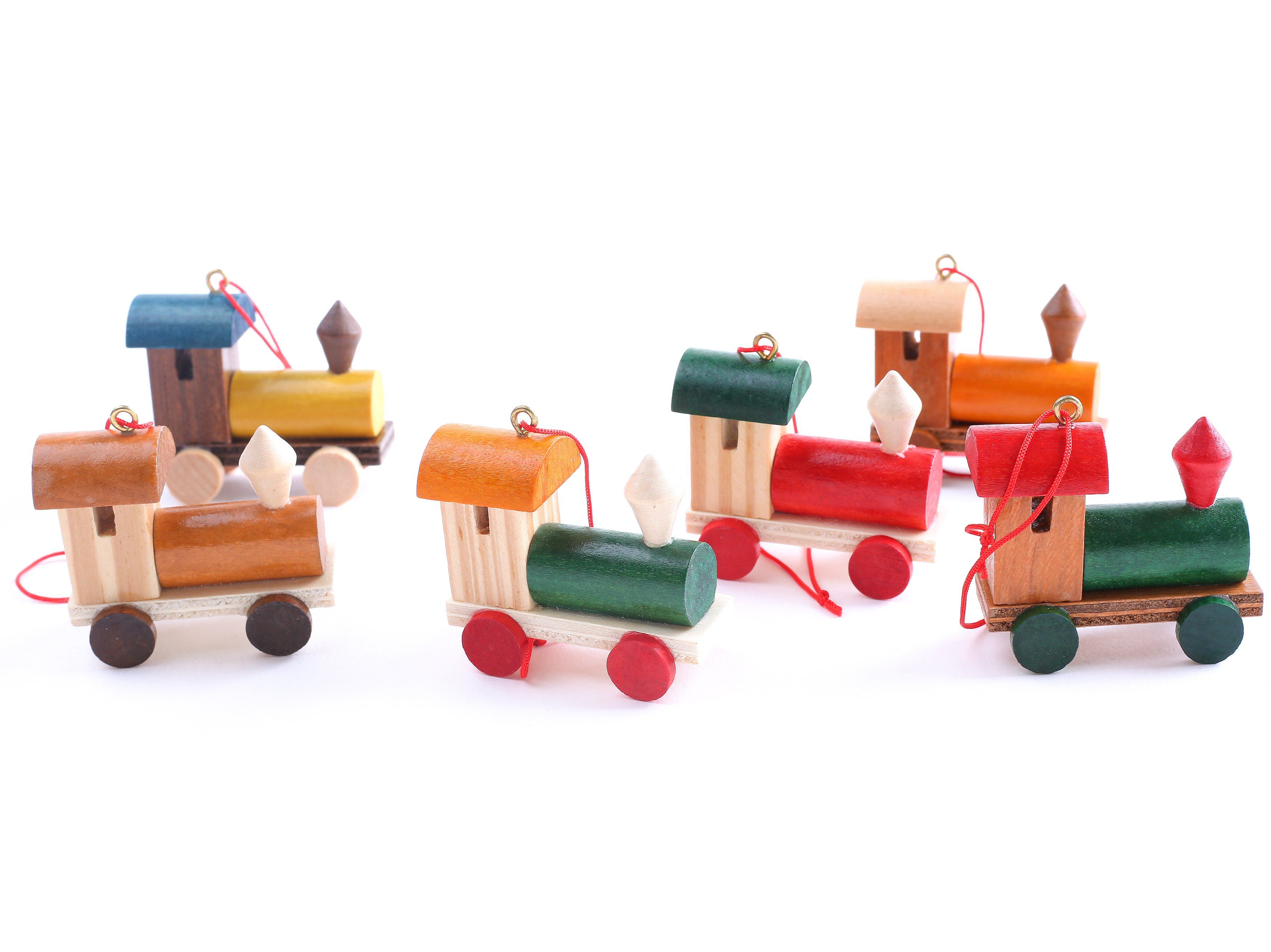BRUBAKER Christbaumschmuck Eisenbahn Christbaumanhänger Set (6-tlg), Baumschmuck Lokomotiven Anhänger, aus Holz, 4,5 cm hoch