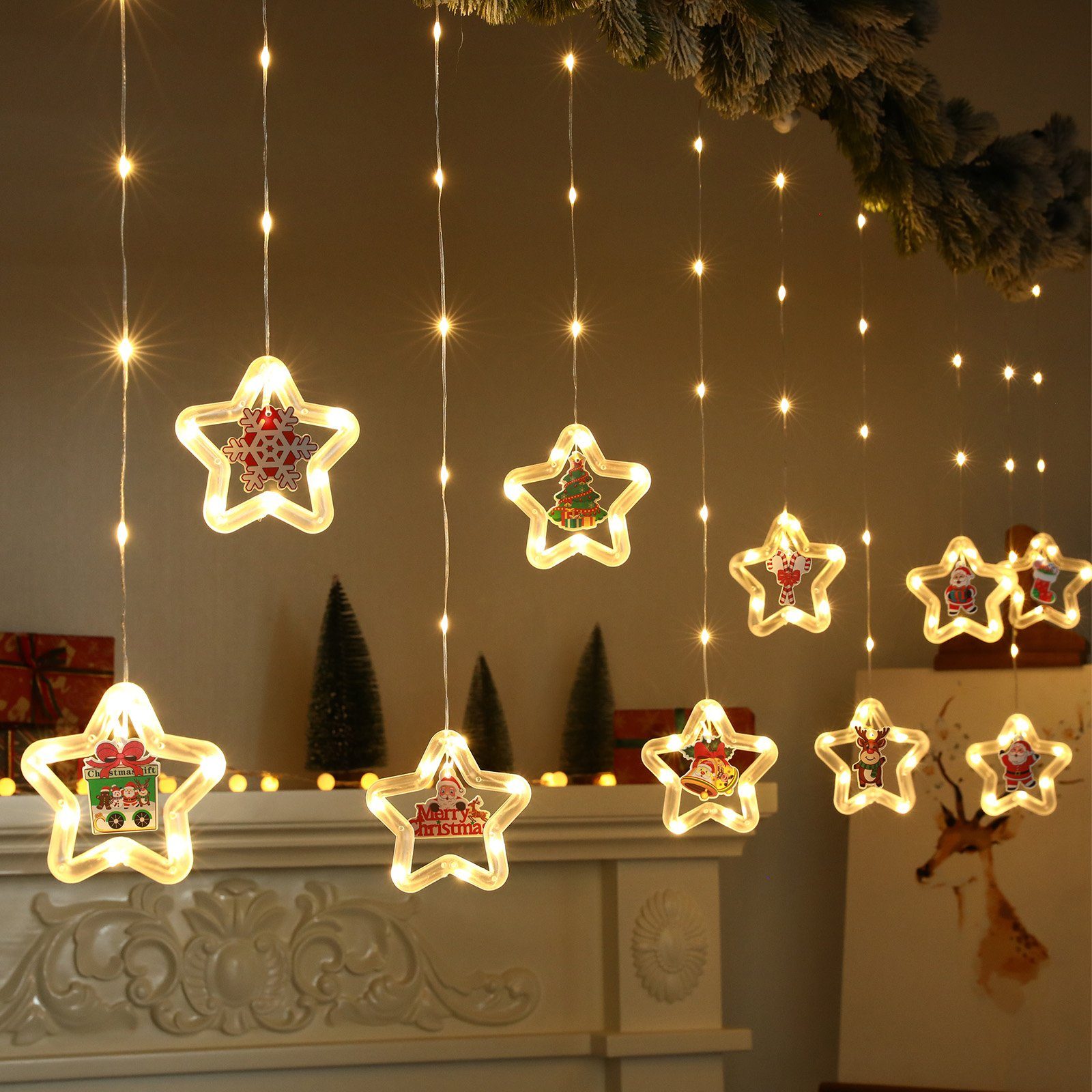 Sunicol LED-Lichtervorhang 3M LED Weihnachten Batterien/USB Fensterbeleuchtung LED mit Lichterkette 8 Deko, Party mit Modi Garten Warmweiß/RGB, Fernsteuerung, Timer
