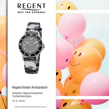 Regent Quarzuhr Regent Kinder-Armbanduhr grau schwarz, (Analoguhr), Kinder Armbanduhr rund, mittel (ca. 32mm), Textilarmband