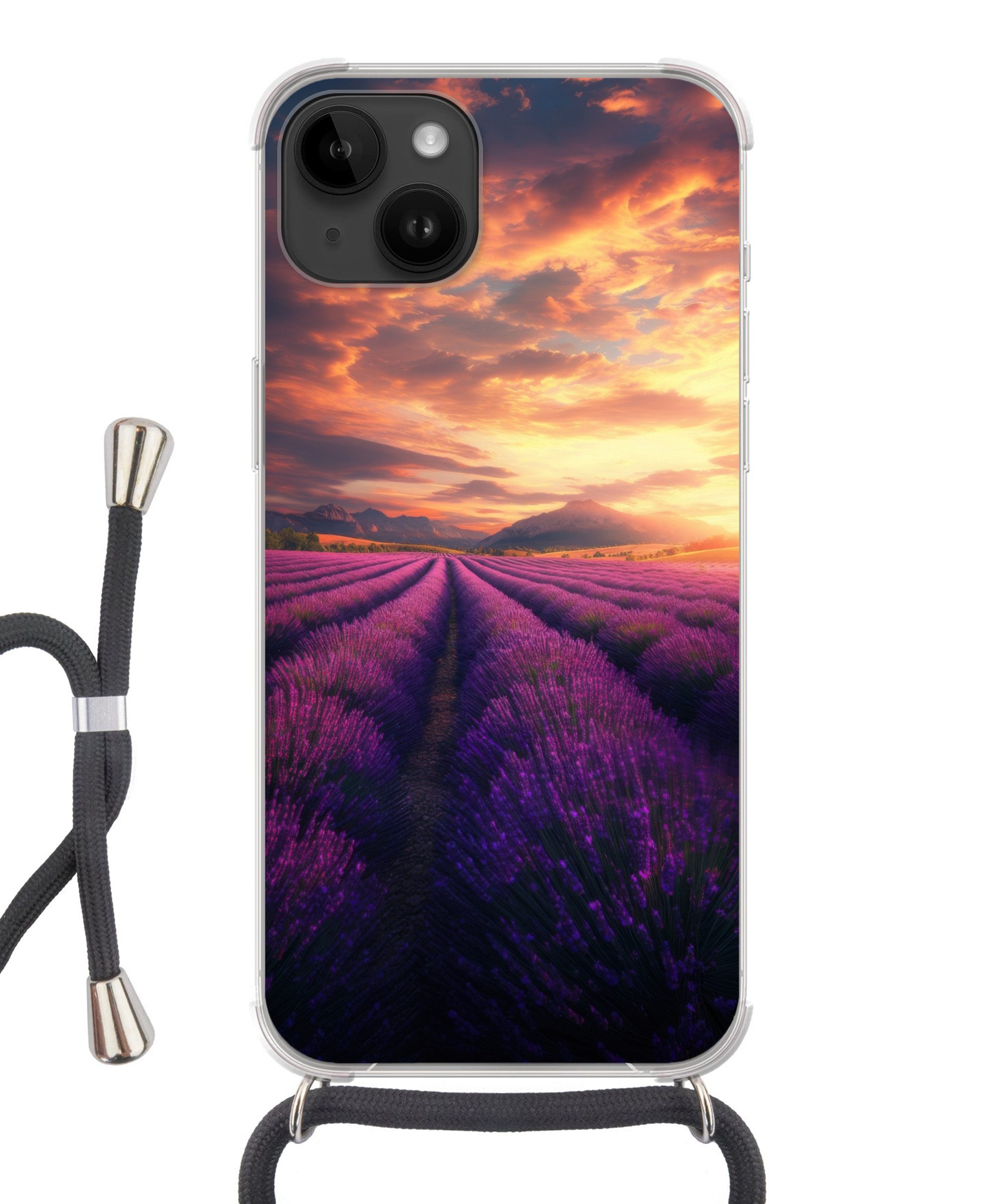 MuchoWow Handyhülle für Apple iPhone 14 Lavendelfeld - Sonnenuntergang - Lila, Tragbare Handyhüllen mit Kette zum umhängen, Handykette Handyband