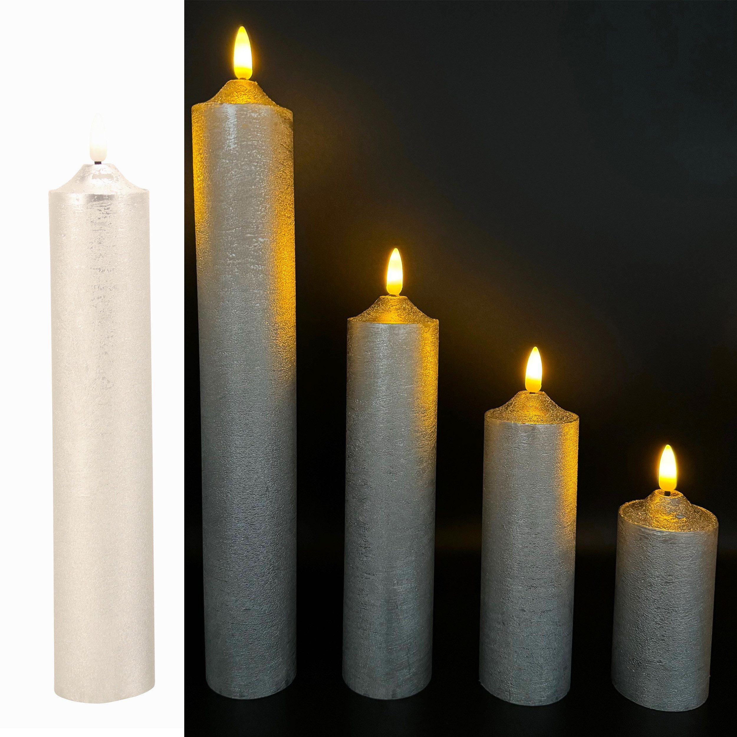 Online-Fuchs LED-Kerze 5 LED Kerzen XL aus Echtwachs mit realistischer Flamme (Metallic Farben in Rot, Silber, Weiß, Rosé, Taubenblau & Champagner -, bis 34 cm lang, 5 cm Durchmesser), NUR MIT 6 STUNDEN TIMER NUTZBAR
