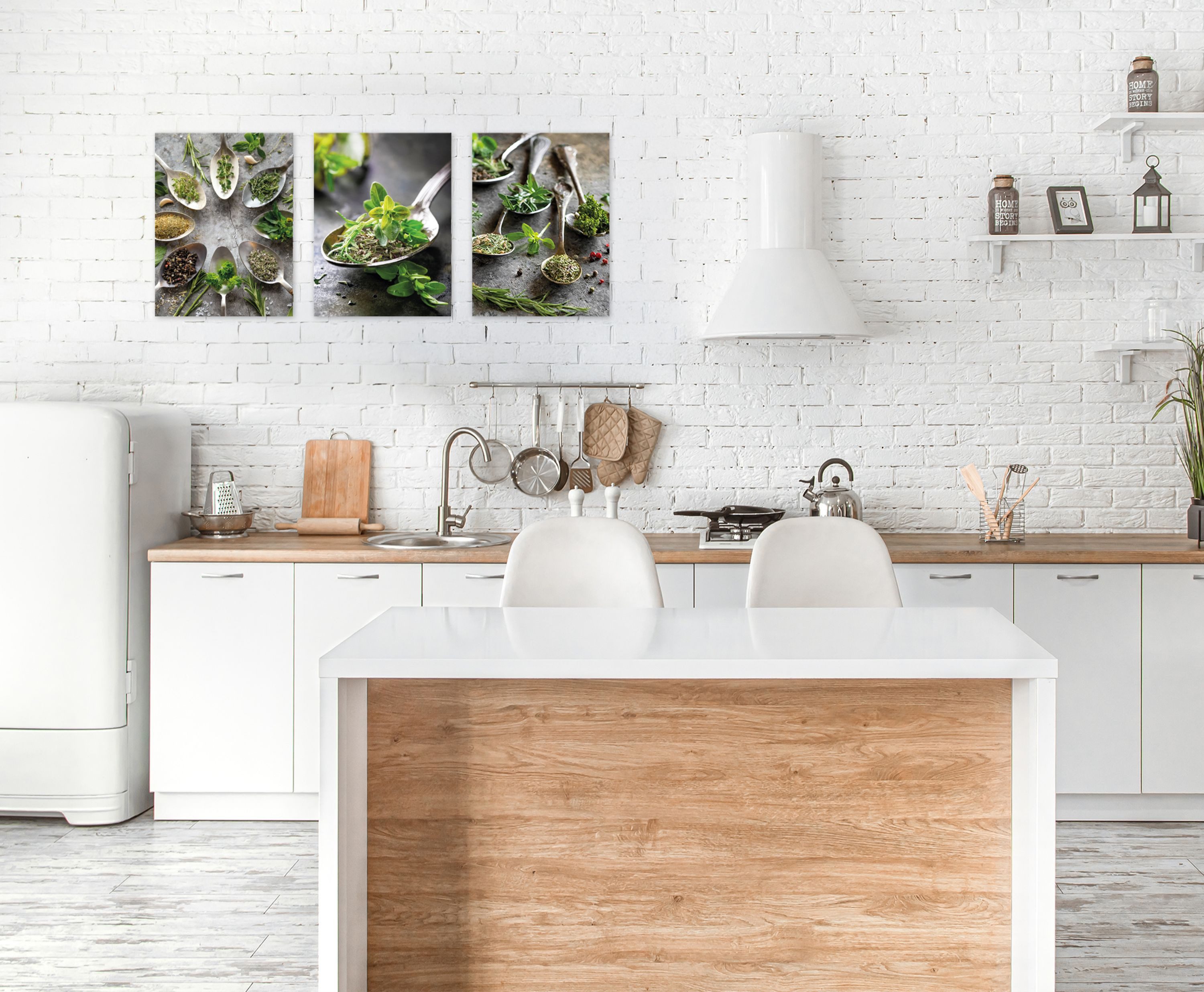 artissimo Mehrteilige Bilder Bilderset 3er-Set, Deko Küche, Küchendeko Wandbilder-Set, Bilder grün, modernes Küchenbild: Kräuter auf Löffeln