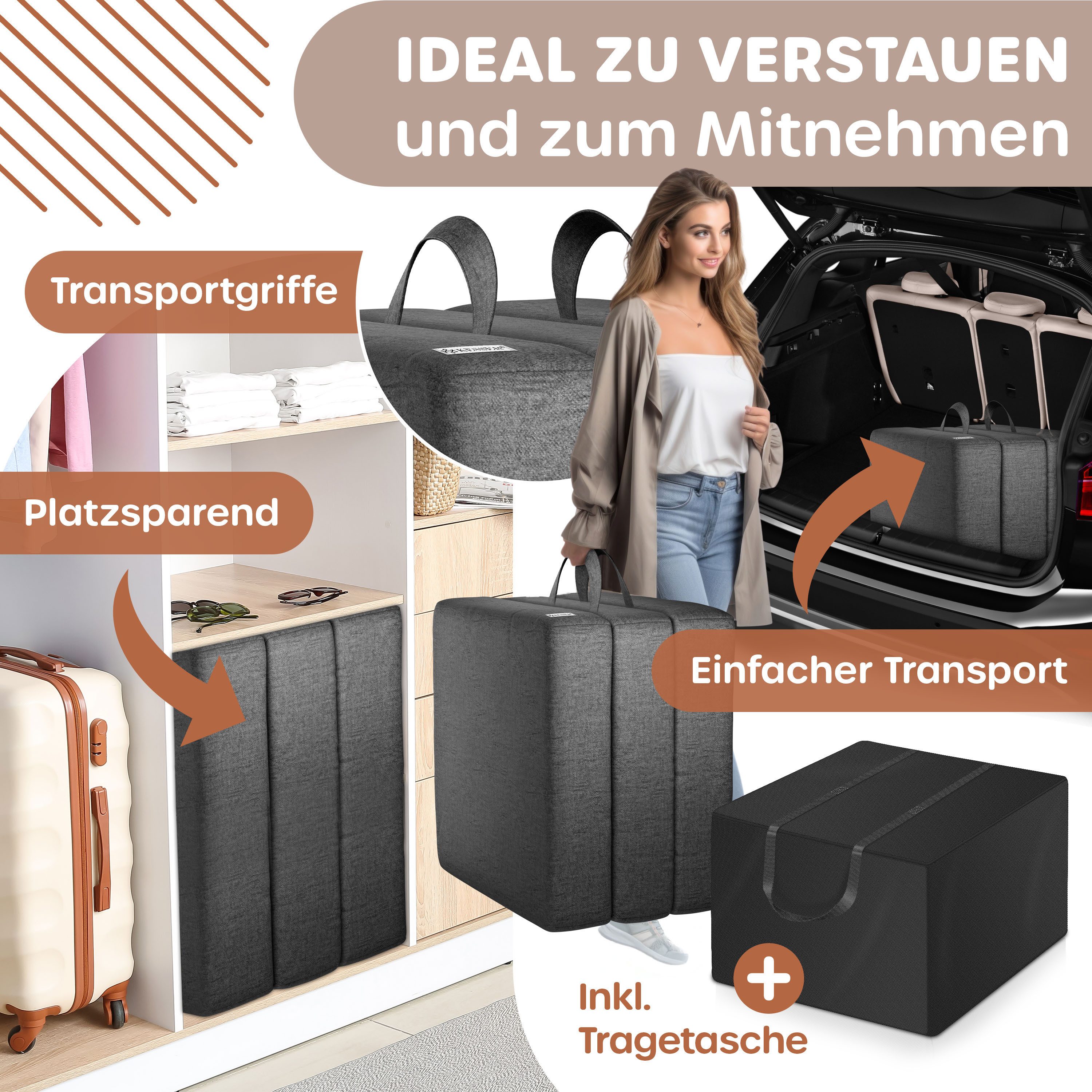 Klappmatratze 15cm hoch Gästematratze 3-fach faltbar zum Sitzhocker, KESSER, (bis zu 30 °C waschbarer abnehmbarer Bezug, Schaumstoff 25kg/m), Faltmatratze Inkl. Wasserabweisende Tragetasche