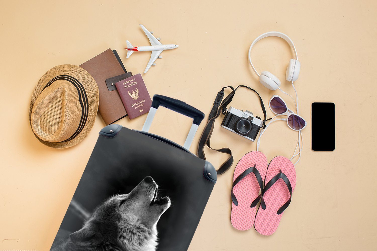 rollen, 4 weiß, grauer Reisetasche Reisekoffer mit Rollen, Handgepäckkoffer Handgepäck - Heulender für Wolf MuchoWow und Ferien, schwarz Trolley,