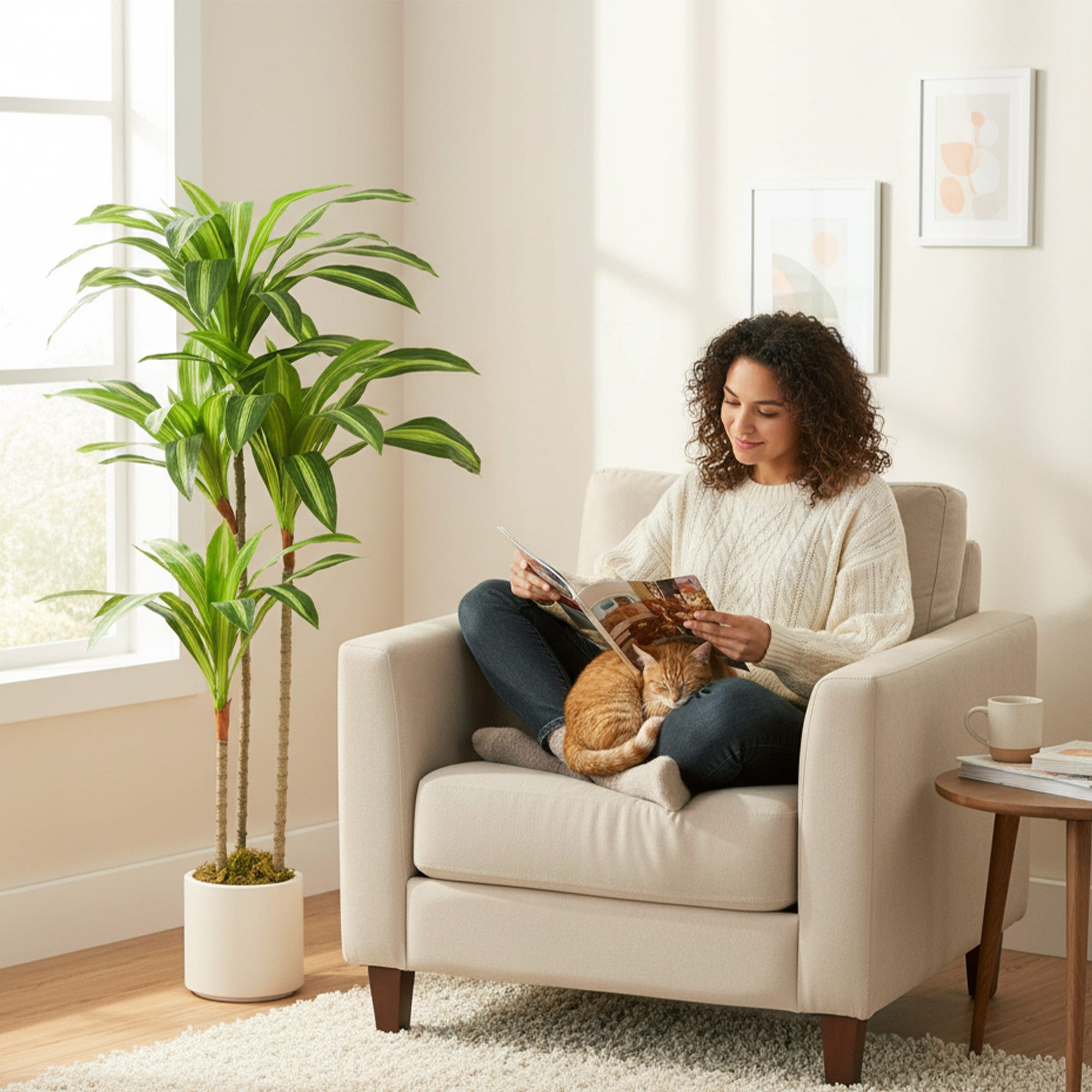 Kunstpflanze biegsame Stämme, Pflanzgefäß Dracaena, HOMCOM, Höhe 120 cm, mit weißem Pflanzgefäß, formbare Stämme