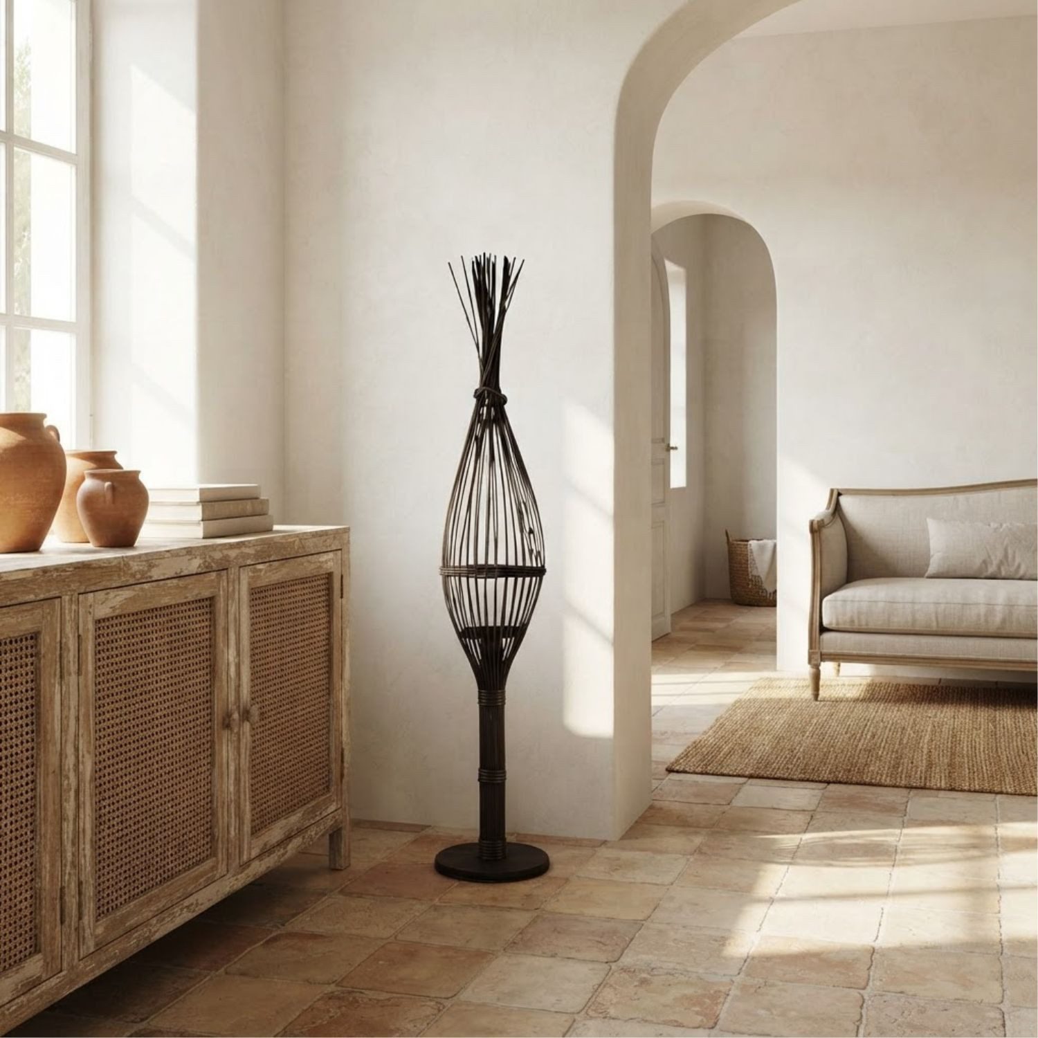 Marrakesch Orient & Mediterran Interior Windlicht Windlicht Freek Braun 110 cm Rattan Holz Laterne Boho Deko Wohnraum (1 St), Handarbeit