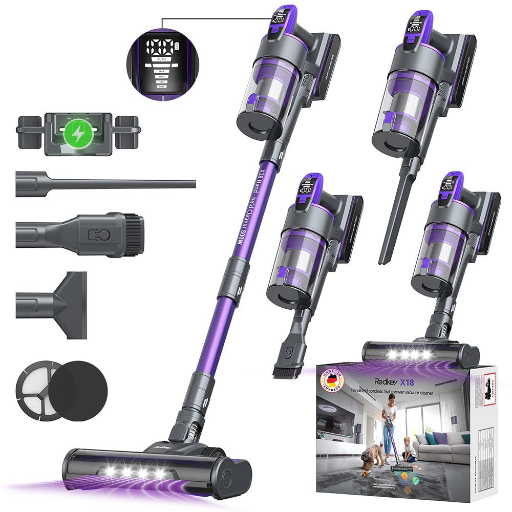 Redkey Hand-und Stielstaubsauger 2026 AkkuStaubsauger 85000Pa/500W/100 Akku-Hand-und Stielstaubsauger, 500 W, mit Beutel, Ultraleiser, kabelloser Stabstaubsauger mit intelligentem Display