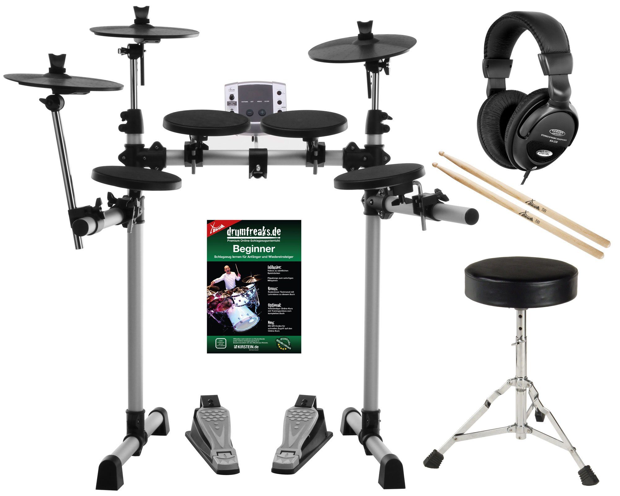 XDrum E-Drum DD-400 Mesh E-Drum Kit - mit 4 Drum Pads - 3 Cymbal Pads, 14-St., mit Kopfhörer, Drumhocker, Schule & Sticks