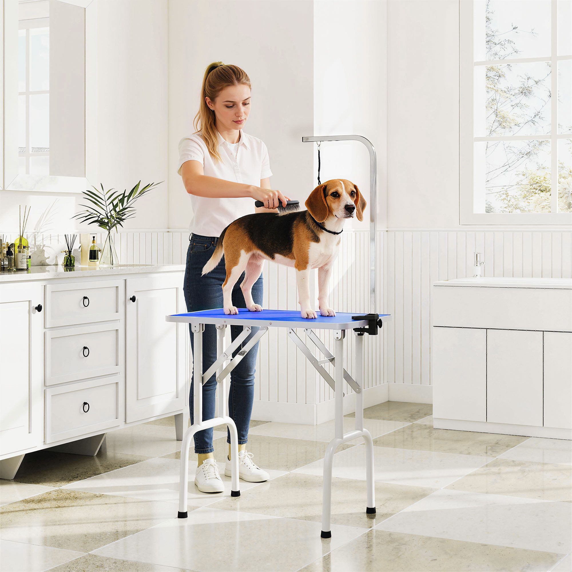 PawHut Fellpflege Hundepflegetisch klappbar höhenverstellbar Galgen rutschfest, (Trimmtisch für Hunde, 1-St., klappbar höhenverstellbar Hundepflegetisch), für Haartrocken 81 x 48,5 x 80 cm Blau