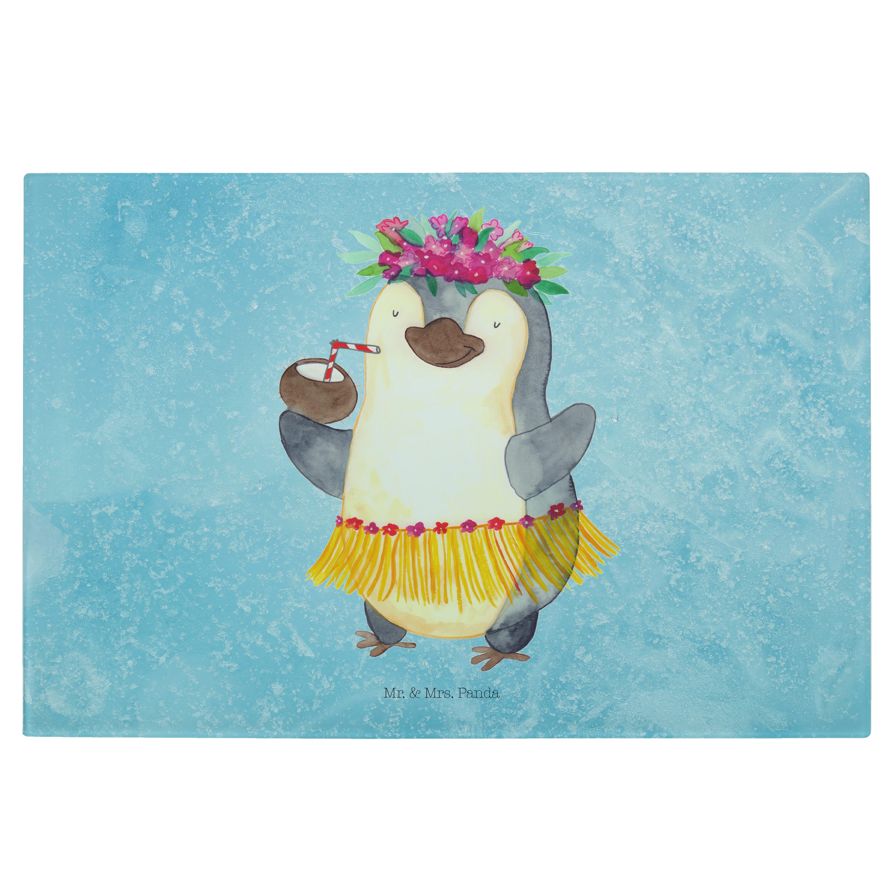 Mr. & Mrs. Panda Servierbrett Pinguin Kokosnuss - Eisblau - Geschenk, Urlaub, Küche, Pinguine, Glas, Premium Glas, (1-St)