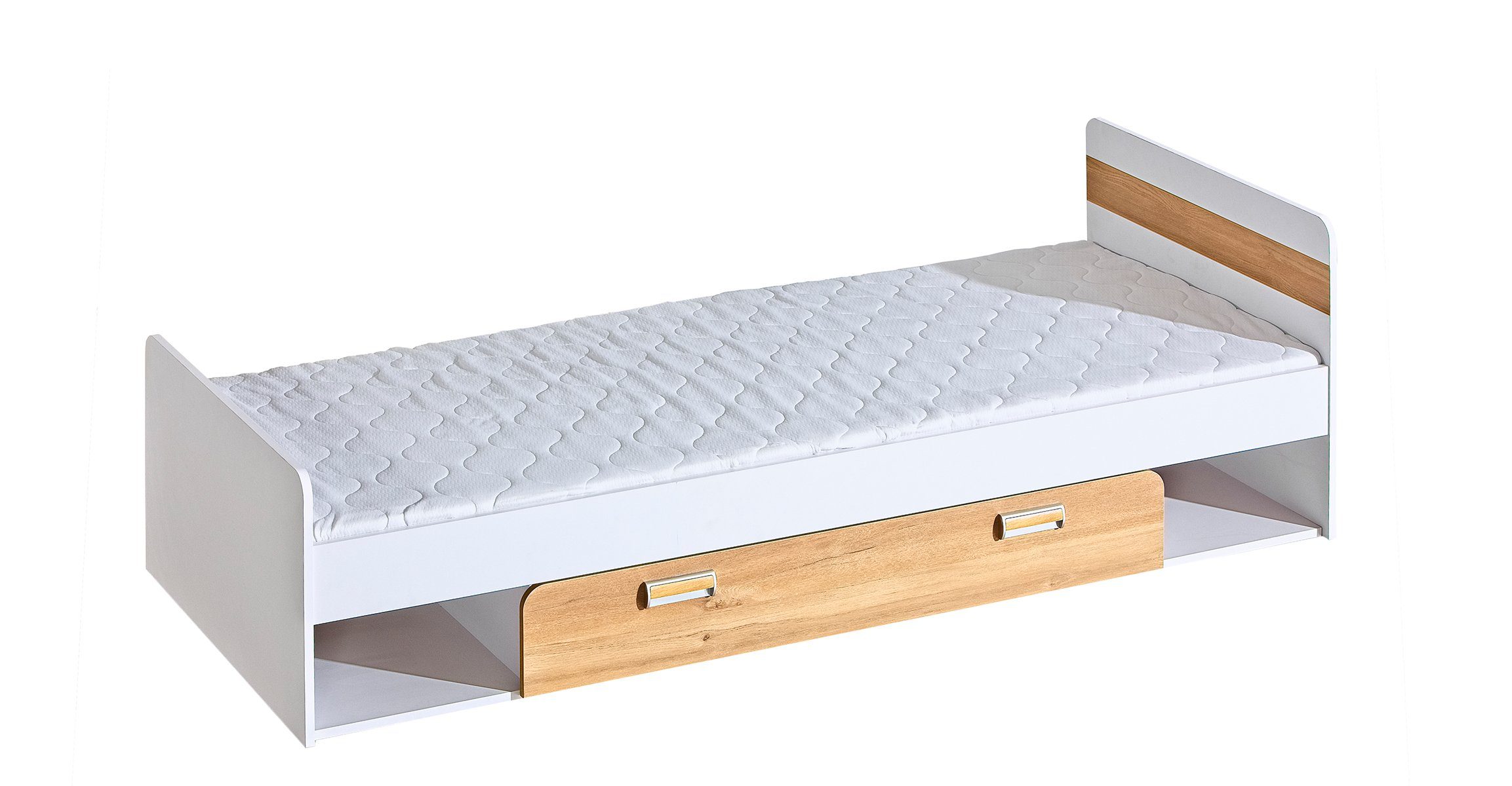 Stylefy Jugendbett Laterne (Kinderbett, Bett), 80x190 cm, mit Schublade und 2 Fächern, Modern Design, mit Matratze Nash Eiche - Weiß