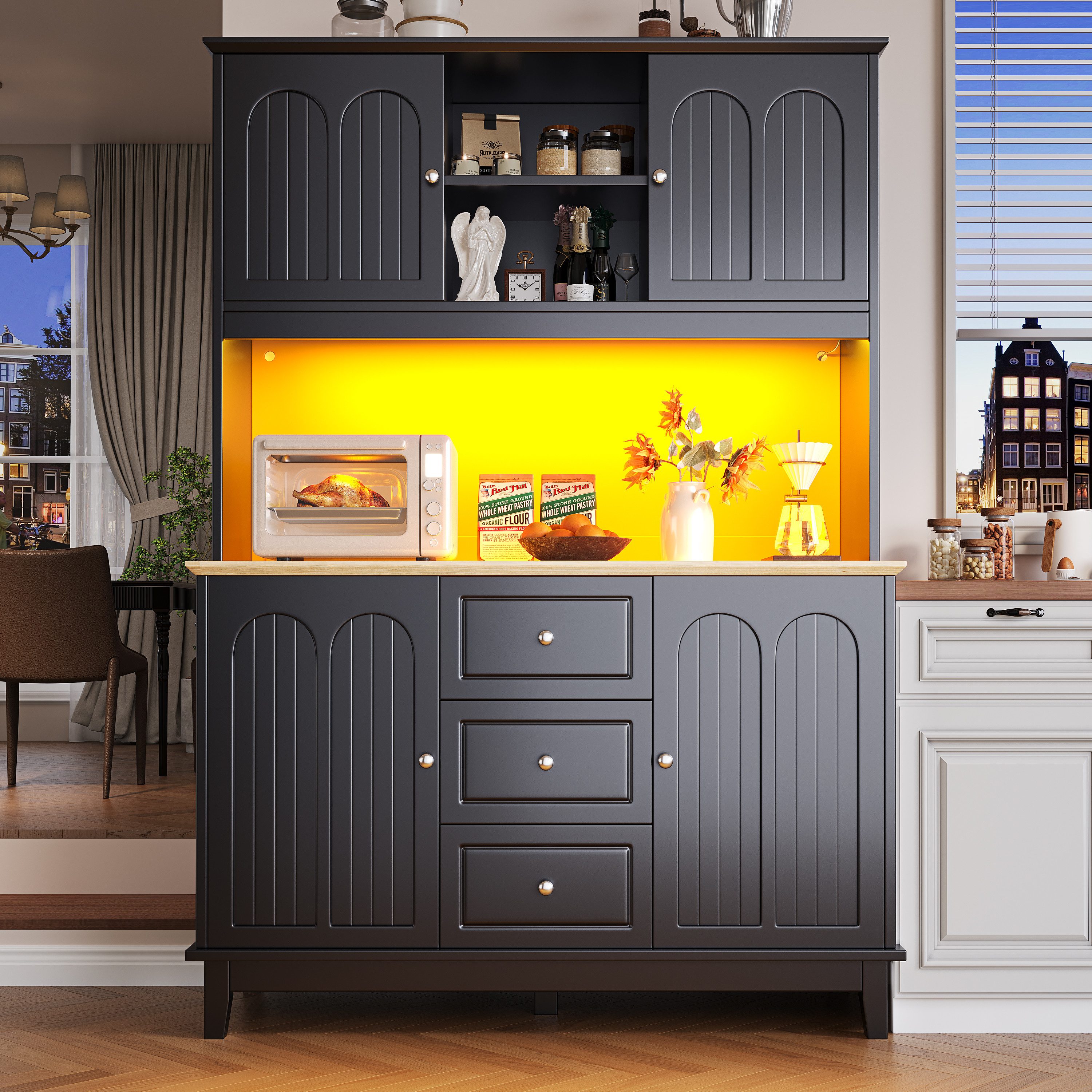 Flieks Küchenbuffet mit Musik-&LED-Beleuchtung und verstellbare Einlegeböden (Beine aus Kiefernholz, 1-St., B120/T40/H180 cm) Hochschrank Küchenschrank Geschirrschrank mit Schubladen Schwarz