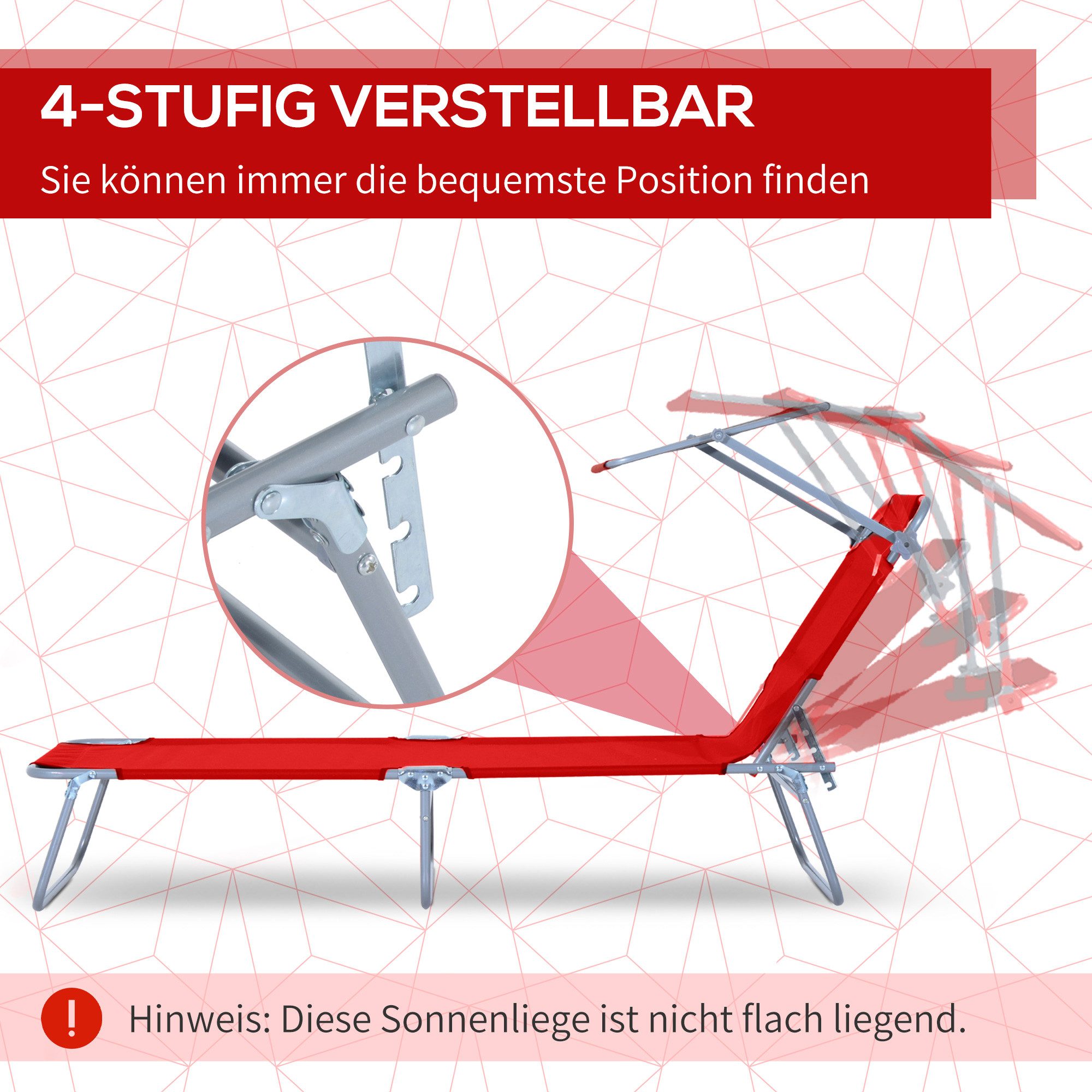 Outsunny Feldbett klappbar Campingliege mit Sonnenschutz bis 120 kg belastbar (Liege, 1-St., Sonnenliege) Durchgehend – Bild 4 von 5