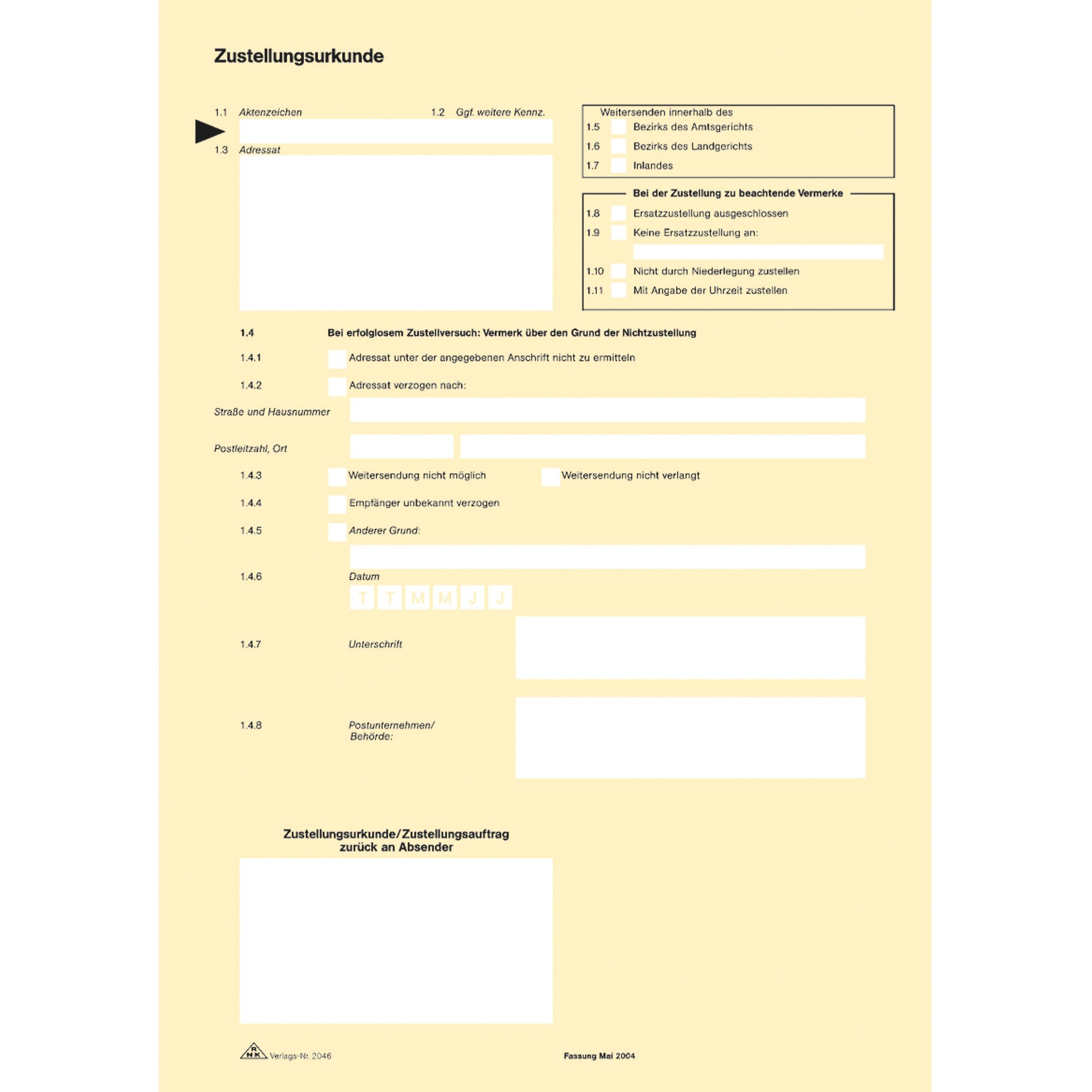 Formularblock RNK Zustellungsurkunde A4