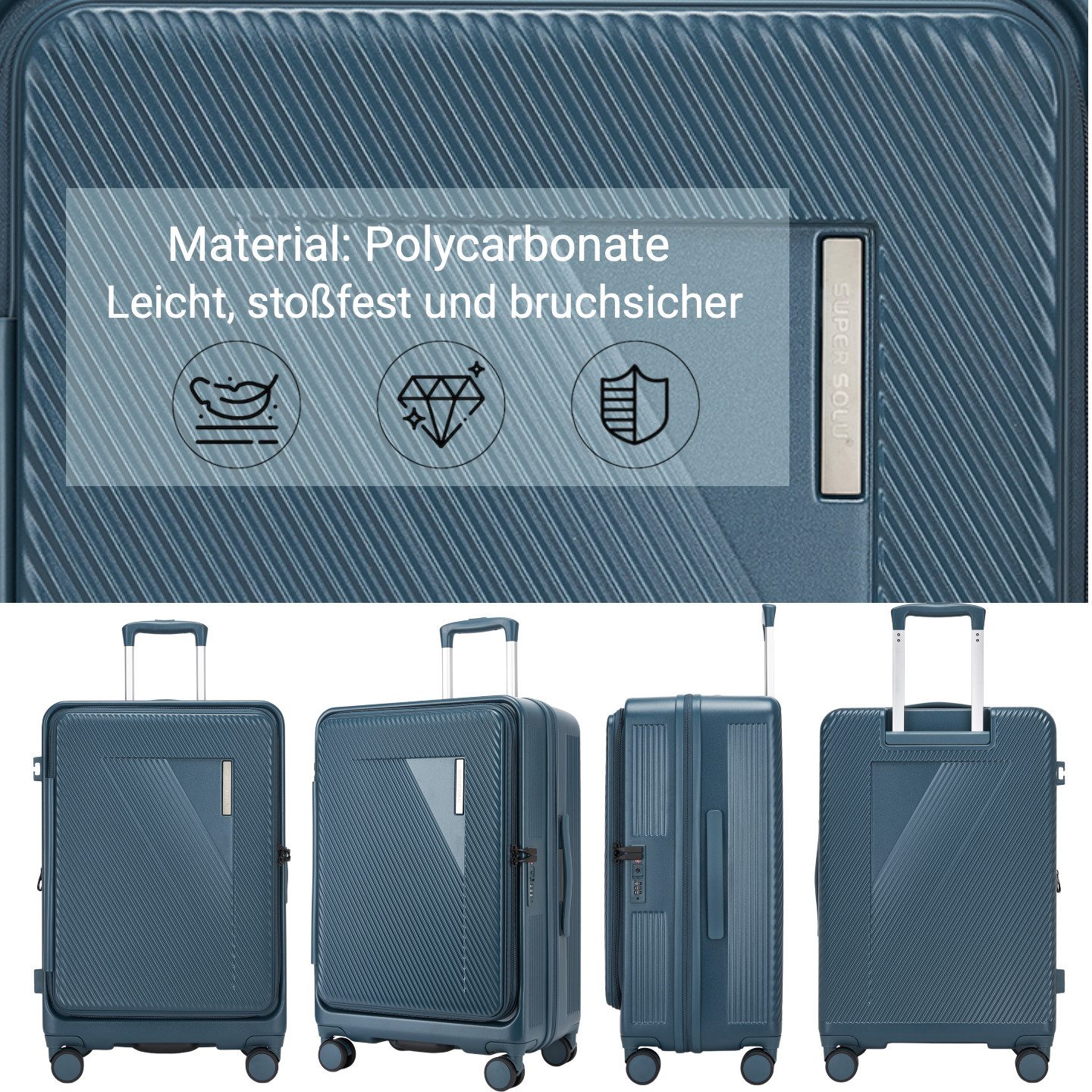Super Solu Hartschalen-Trolley Erweiterbarer Reisekoffer mit Frontöffnung, Hartschalenkoffer 100% PC, 4 Rollen, 360° Doppelrollen, 24Zoll/66cm, Stoßfester Koffer mit TSA, Blau