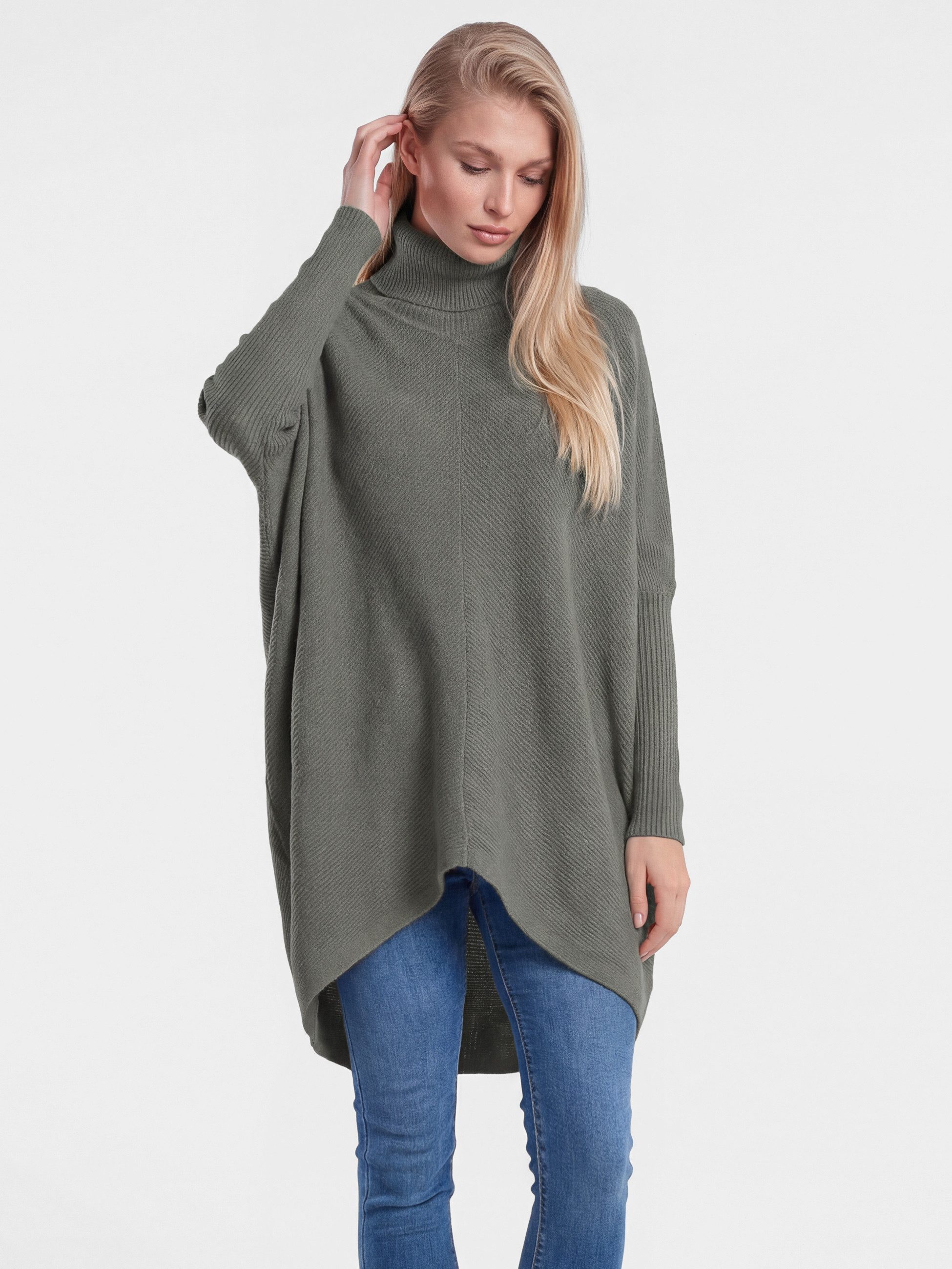 PEKIVESSA Longpullover Oversized langer Rollkragenpullover Damen Fledermausärmel (Einzelartikel, 1-tlg) hinten länger