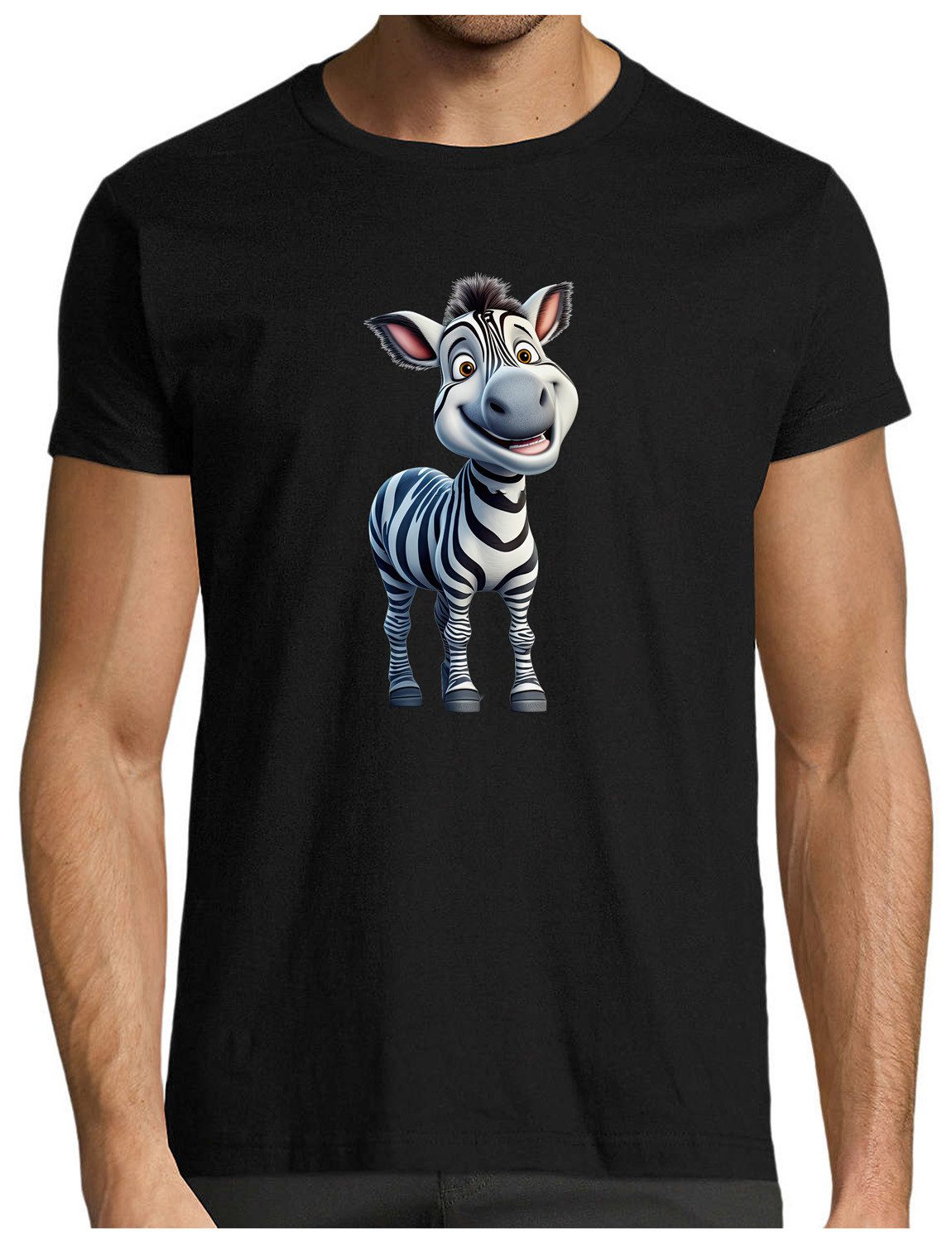 MyDesign24 T-Shirt Herren Print Shirt - Cartoon Zebra Brustprint Baumwollshirt mit Wildtier Aufdruck Regular Fit i280