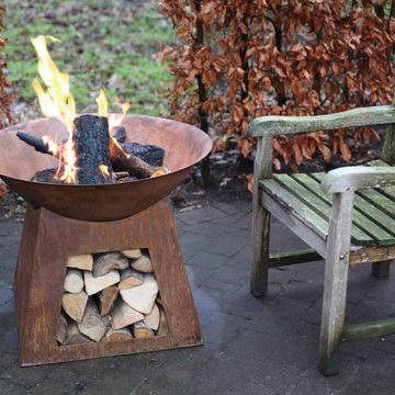 esschert design Feuerschale Feuer Schale Stelle Grill rost braun Metall eckig 74,5cm mit Aufbewahrung Garten, (Feuerkorb)
