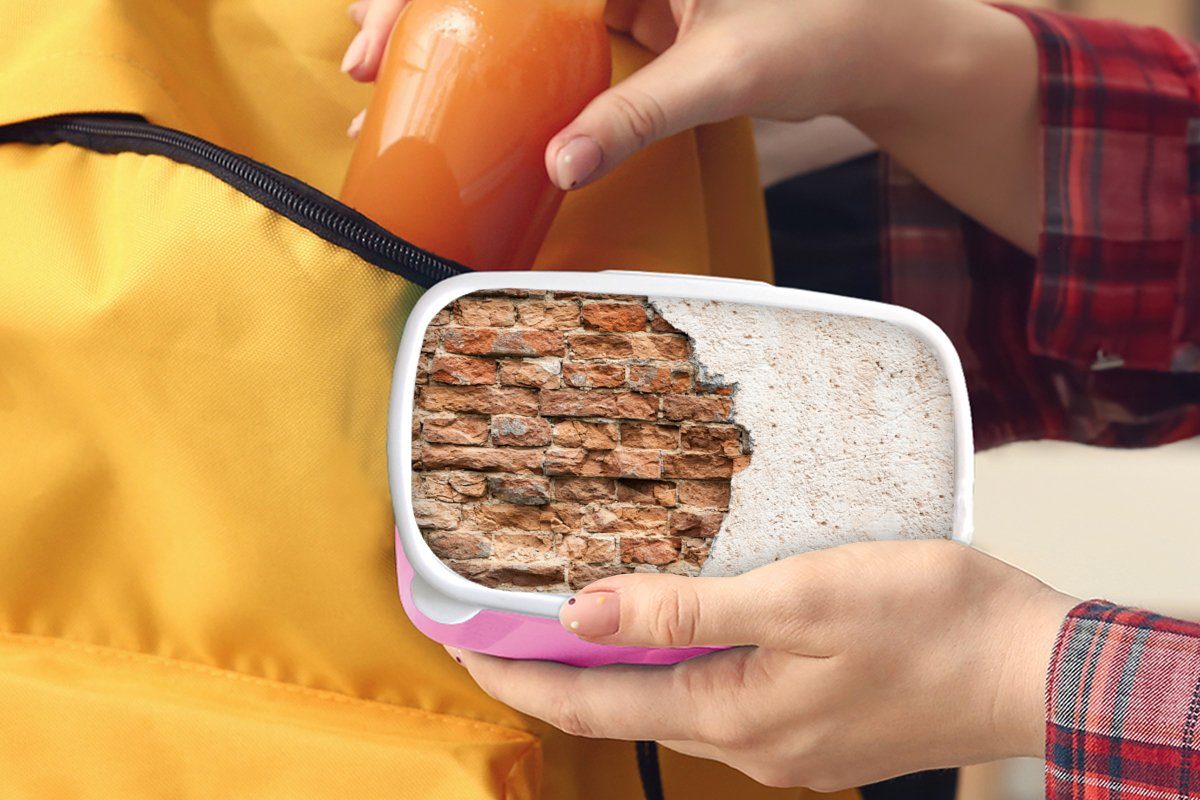 MuchoWow Lunchbox - rosa Wand für (2-tlg), Brotdose - Kunststoff Ziegel, Erwachsene, Snackbox, Brotbox Kunststoff, Gips Kinder, Mädchen
