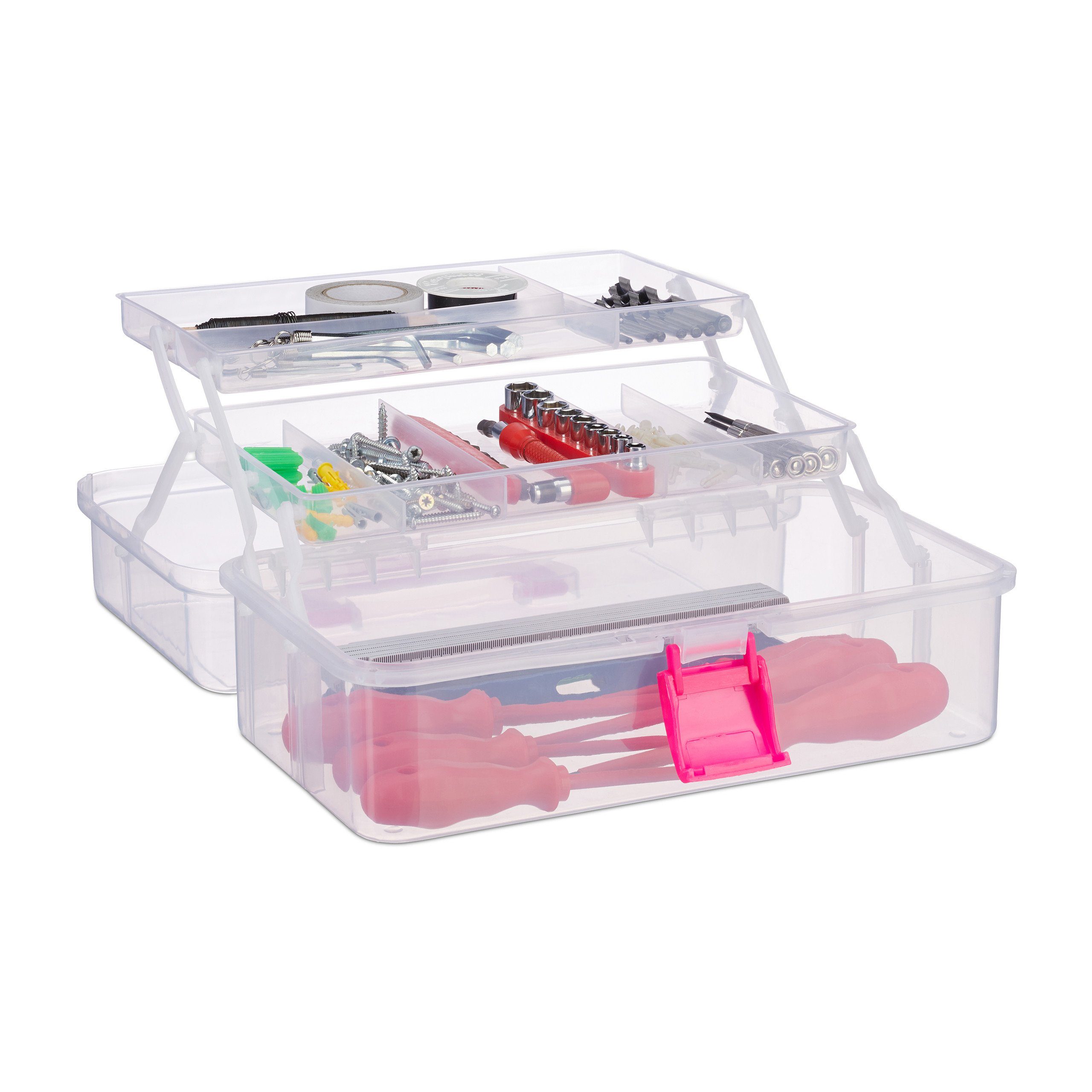 relaxdays Werkzeugbox 1 x Transparente Plastikbox pink