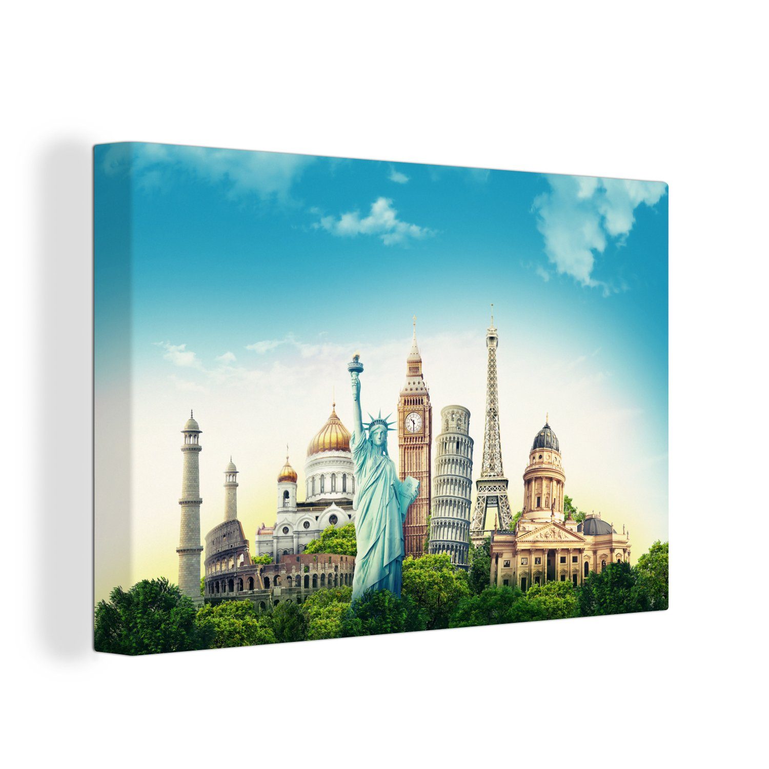 OneMillionCanvasses® Leinwandbild Welt - Eiffelturm - Freiheitsstatue, (1 St), Wandbild Leinwandbilder, Aufhängefertig, Wanddeko, 30x20 cm
