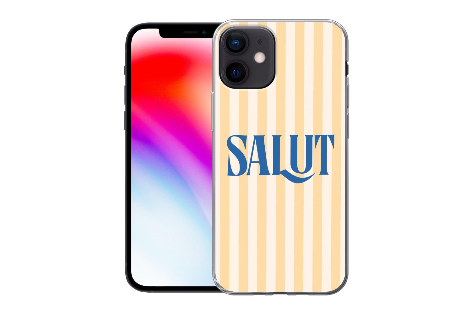 MuchoWow Handyhülle für Apple iPhone 12 Salut - Zitat - Streifen - Gelb - Blau - Weiß, Smartphone-Bumper, Print, Handy Schutzhülle Dünn