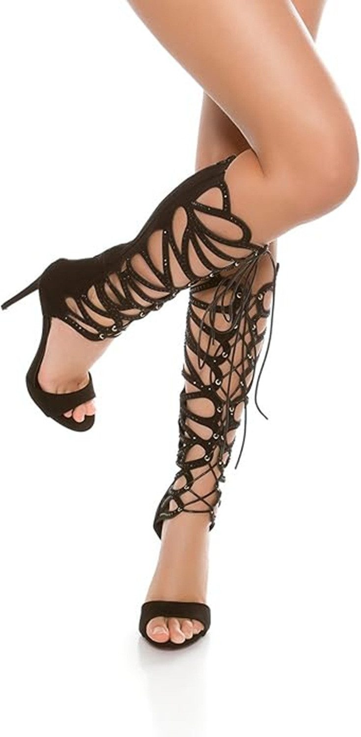 Koucla Römersandalette Schnürstiefel schwarz mit Strass Stiletto High-Heel-Sandalette bling bling red carpet look