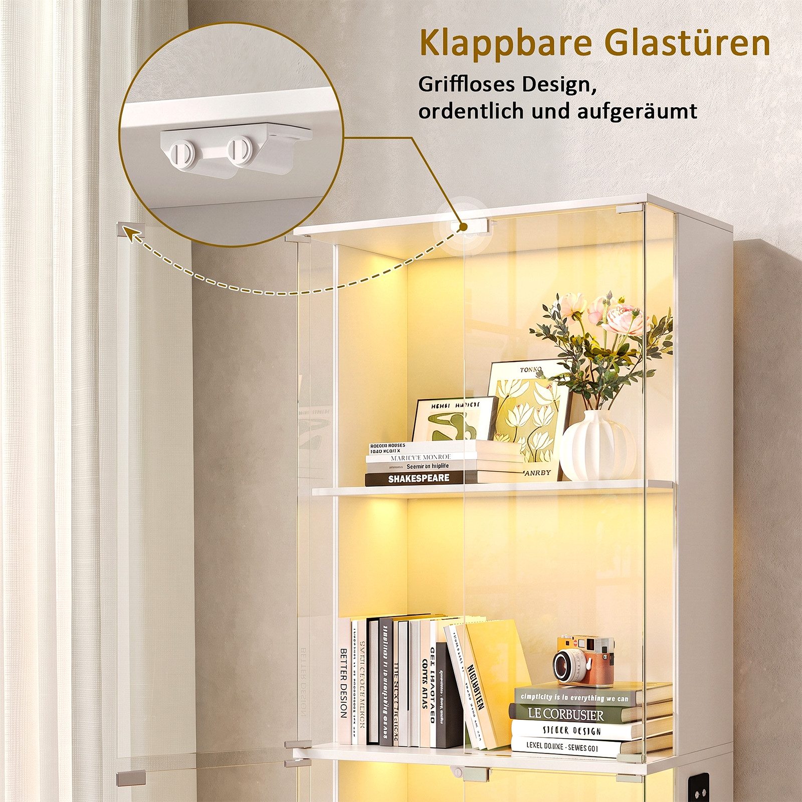 SVEYLXA Vitrine Moderne Vitrine mit LED Beleuchtung, 160 cm Hochschrank mit Glastüren (1-St) 4 Ebenen, Schwarz/Weiß – Bild 4 von 5