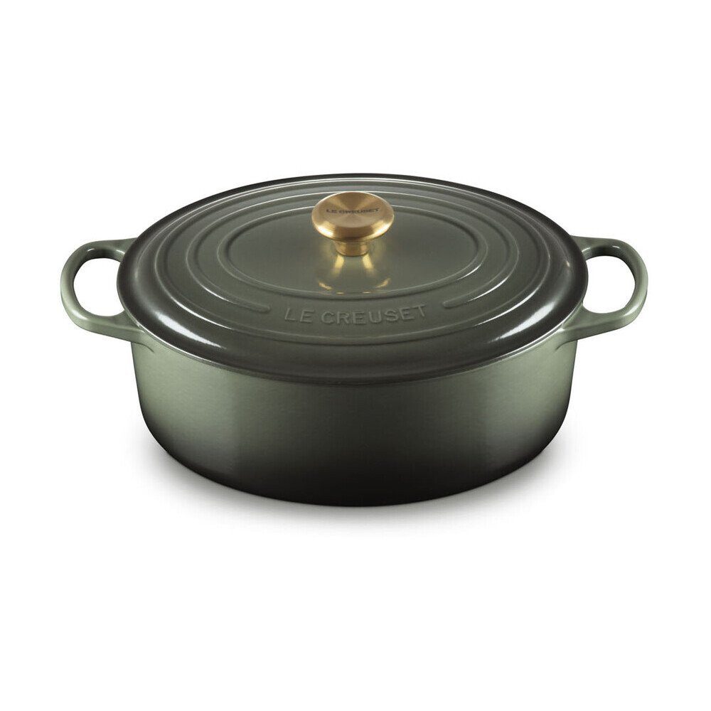 LE CREUSET Bräter Bräter mit Deckel 31 cm Signature Thyme, Gusseisen, ovaler Schmortopf, Cocotte, Bratentopf, ca. 6-7 Pers., Ø31cm, grün