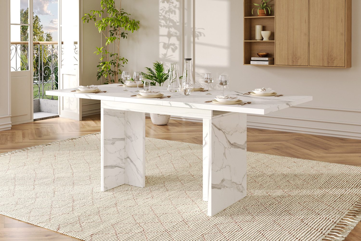 Flieks Esstisch ausziehbarer Küchentisch (1-St., Länge140-180x80 cm, geeignet für 6-8 Personen), erweiterbarer Tisch rechteckig Schreibtisch Bürotisch Marmoroptik Weiß