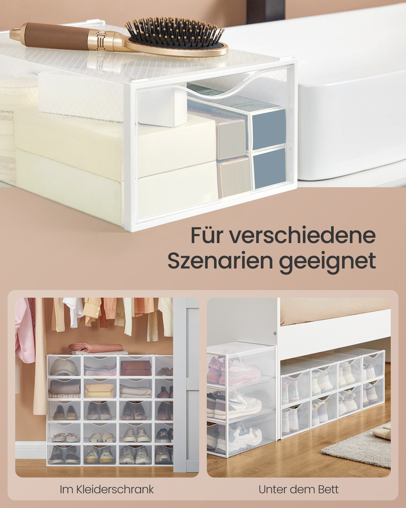 SONGMICS Schuhbox Schuh-Organizer aus Kunststoff, mit Tür, durchsichtig, stapelbar (18 St), einfache Montage, 33,2x23x14,5 cm, 18er Set, für Schuhe bis Größe 43 – Bild 5 von 5