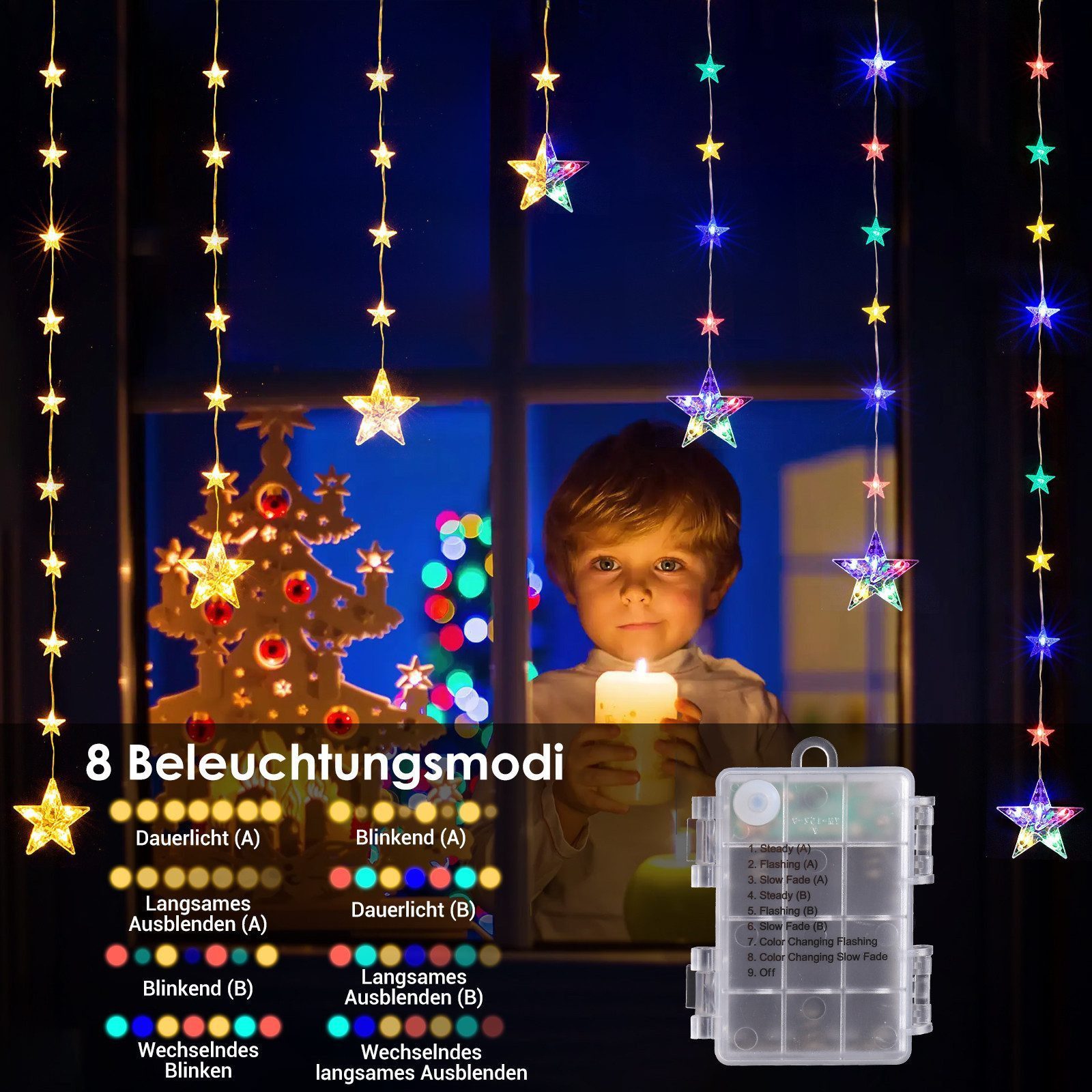 Quntis Lichtervorhang 88cm Bunt&Warmweiß weihnachtsstern fenster, weihnachtsdeko innen, 74-flammig, LED Fensterbilder für Innen/Außen/Fenster Ostern Mädchen Dek – Bild 4 von 5