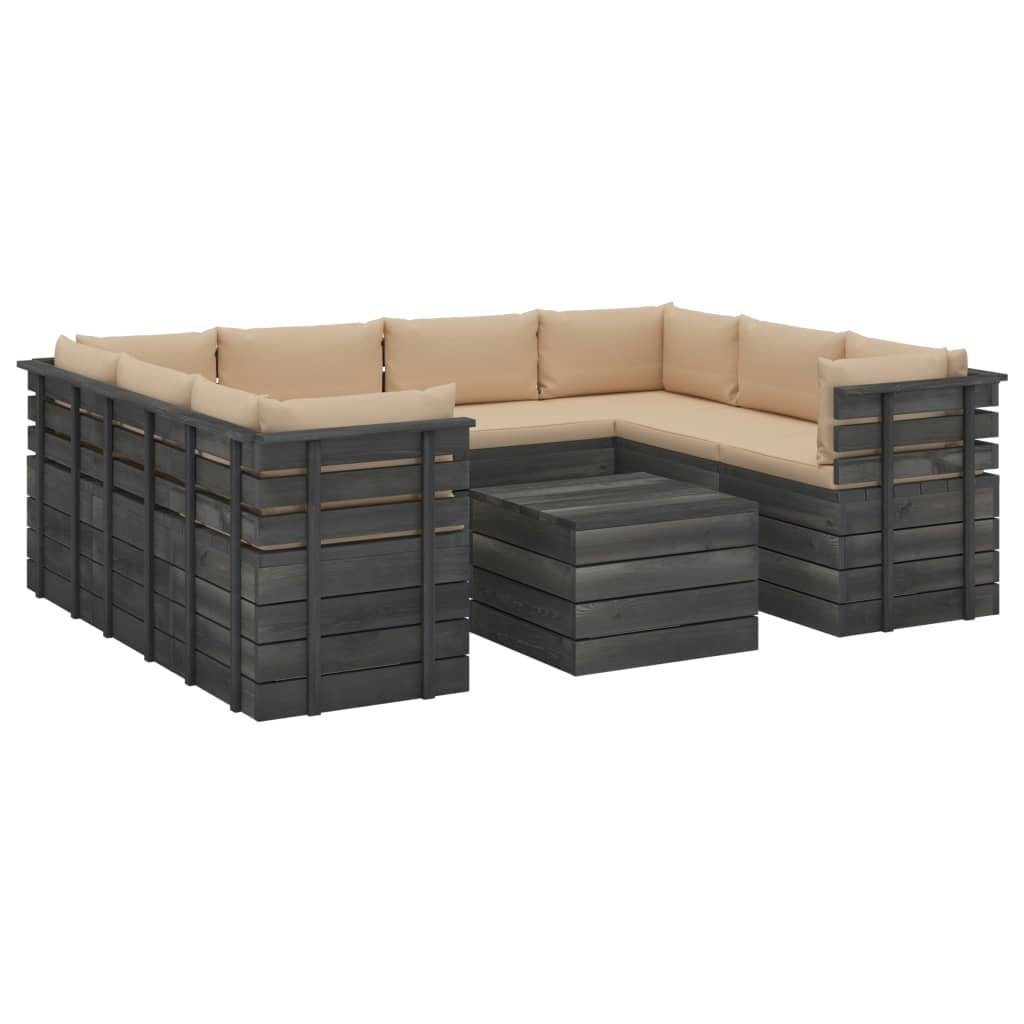 Beige mit aus Garten-Sofagarnitur Paletten Kissen 9-tlg. vidaXL Kiefernholz, (9-tlg) Gartenlounge-Set