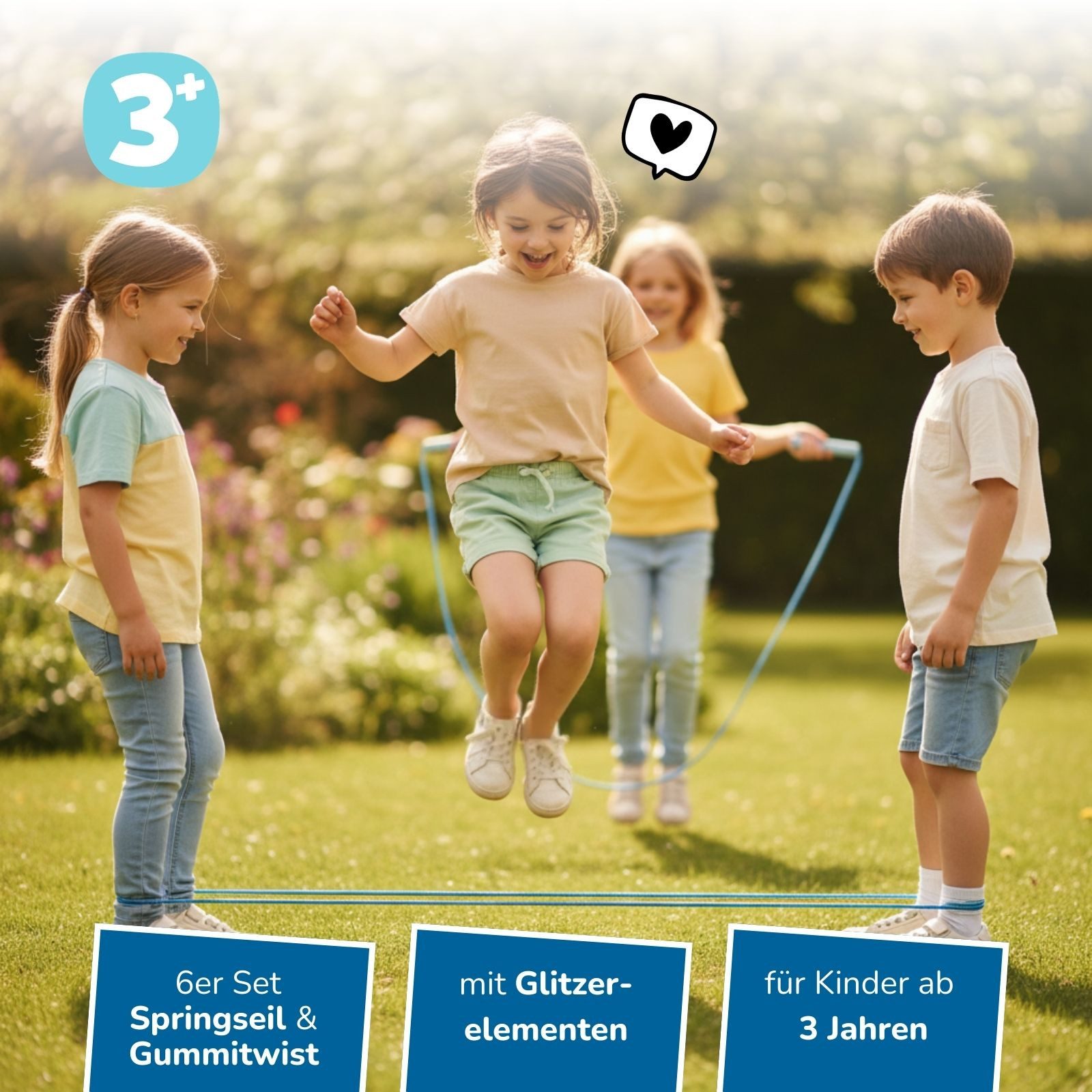 alldoro Hüpfspielzeug 2 in 1 Springseil & Gummitwist 6er Set, Hüpf- und Bewegungsspielzeug, 6 Hüpfseile & 6 Gummibänder für Kinder im Set, ideal als Mitgebsel