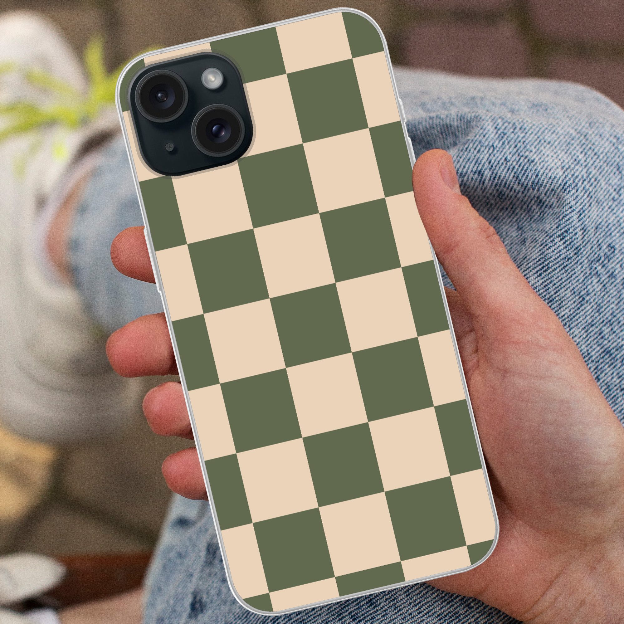 MuchoWow Handyhülle für Apple iPhone 15 Plus Schachbrettmuster - Grün - Beige - Blöcke, Smartphone-Bumper, Print, Handy Schutzhülle Dünn