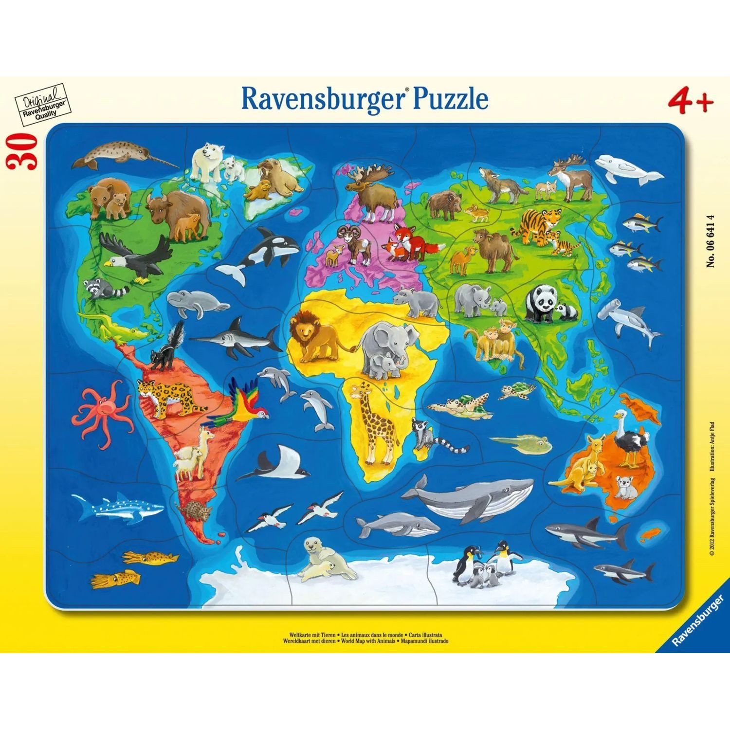 Ravensburger Puzzle Weltkarte mit Tieren. Rahmenpuzzle 30 Teile, 30 Puzzleteile