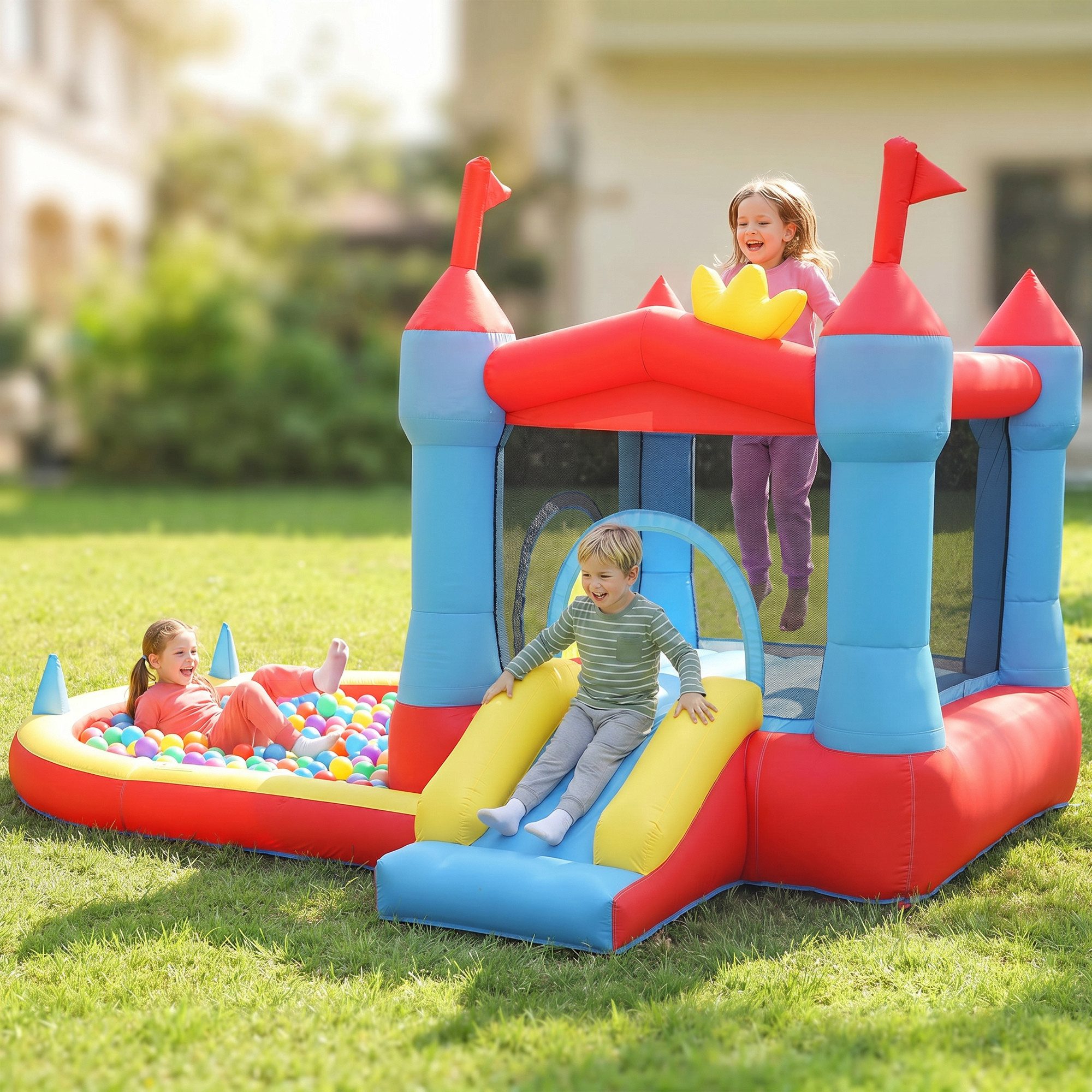 AIYAPLAY Hüpfburg Trampolin mit Gebläse und Rutsche, Planschbecken/Bällebad, (Bouncy Castle, 1-tlg., Aufblasbar Spielcenter), für 3-8 Jahre Kinder für Indoor & Outdoor 342x255x209 cm Blau