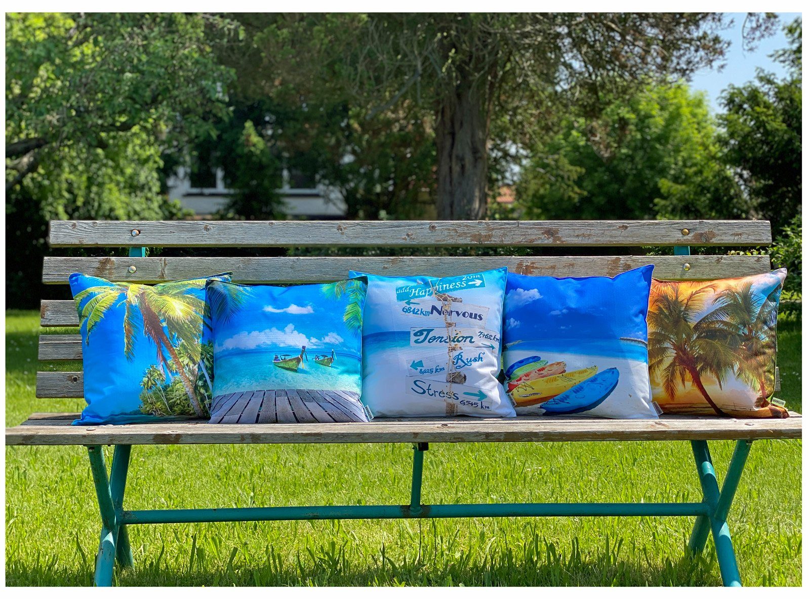 heimtexland Dekokissen Outdoorkissen 45x45 Effekt, wasserabweisend, Beach-Schild Deko Füllung und inkl. Lotus schmutz- Kissen, Outdoor Garten