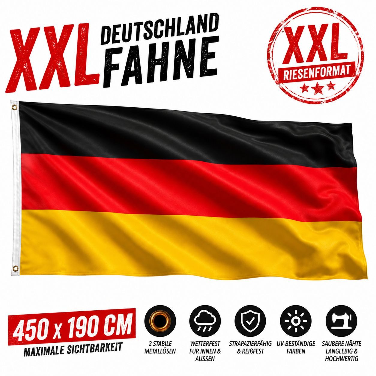Taffstyle Flagge Deutsche Fahne Hissflagge 2 Metallösen XXL Deutschland 450cm x 190cm (Große Deutschland Fahne mit Metallösen für WM EM und Public Viewing), Deutschlandfahne EM WM Fanartikel Flagge Basketball Handball Fussball