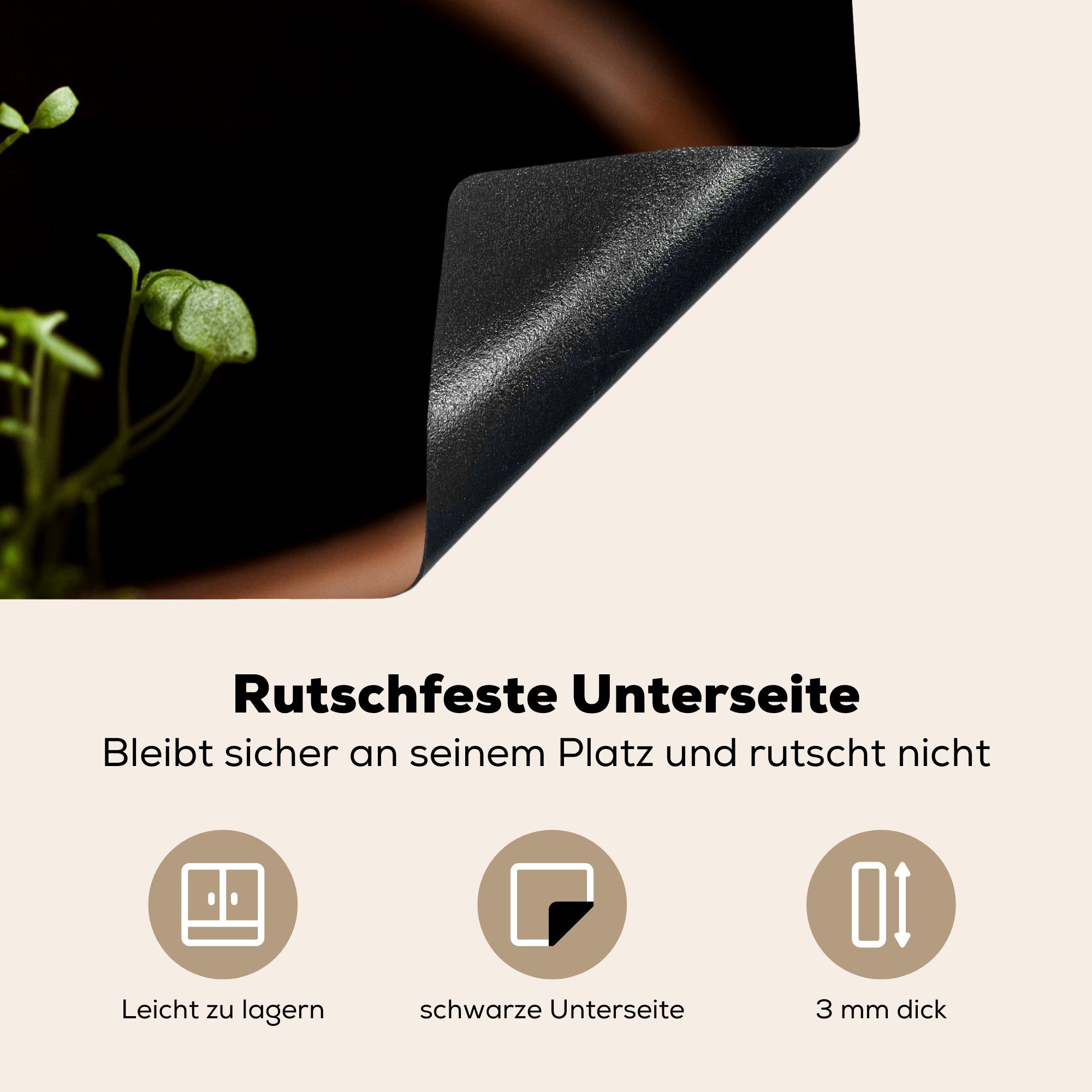 Induktionsmatte Vinyl, cm, küche, für Thymian einem 59x52 MuchoWow Herdblende-/Abdeckplatte (1 Tontopf, von in Ceranfeldabdeckung die Pflanzung tlg),